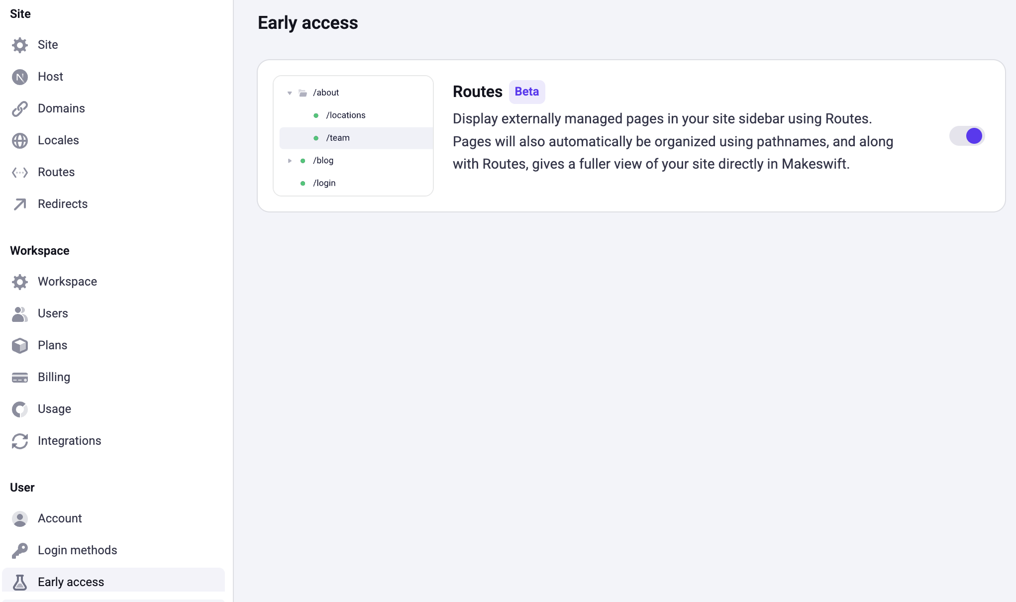 Settings page to enable routes