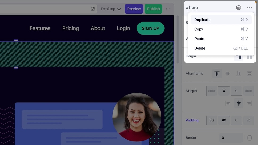 Menu actions for component