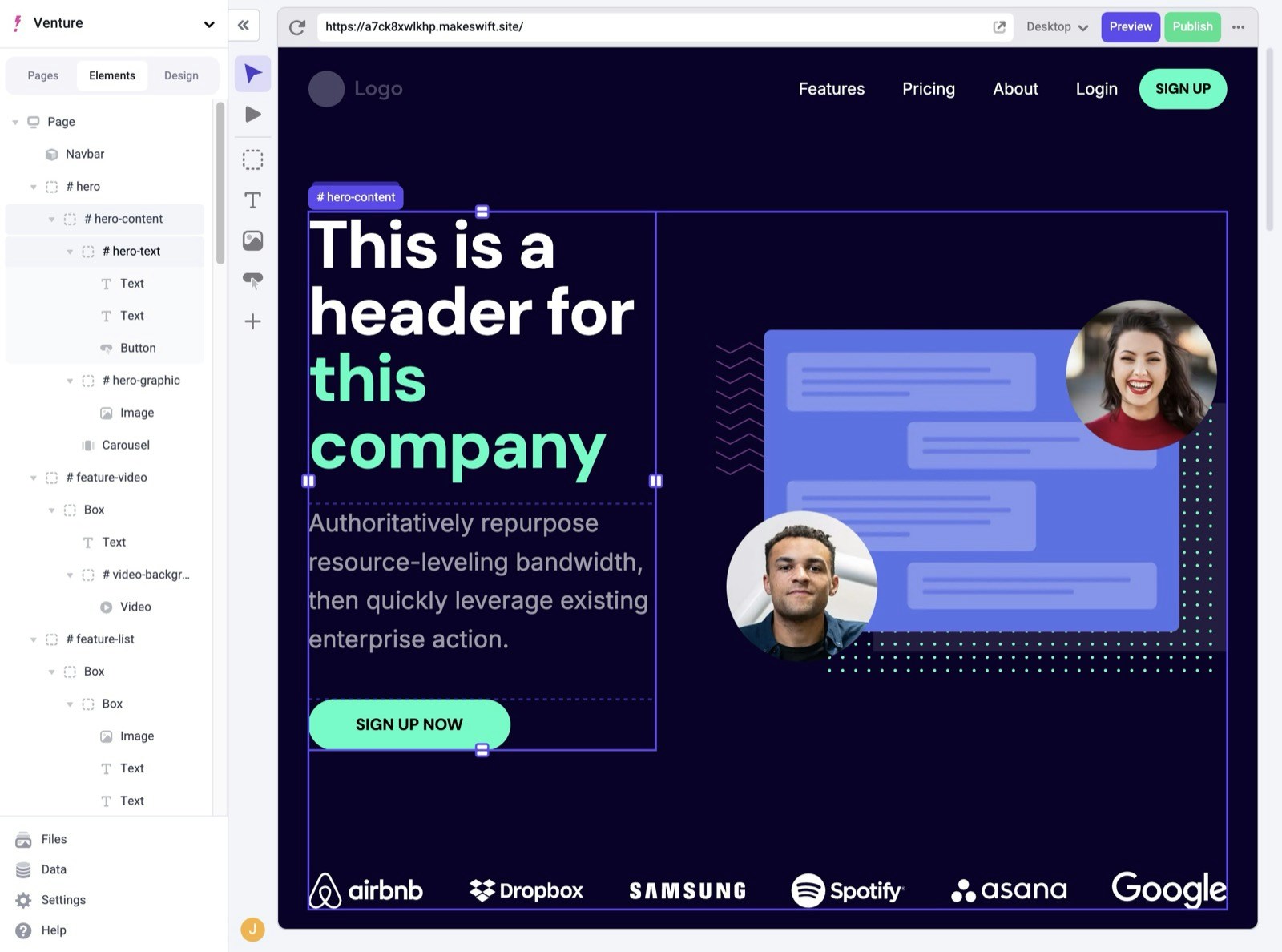 Visual builder showing the elements
panel