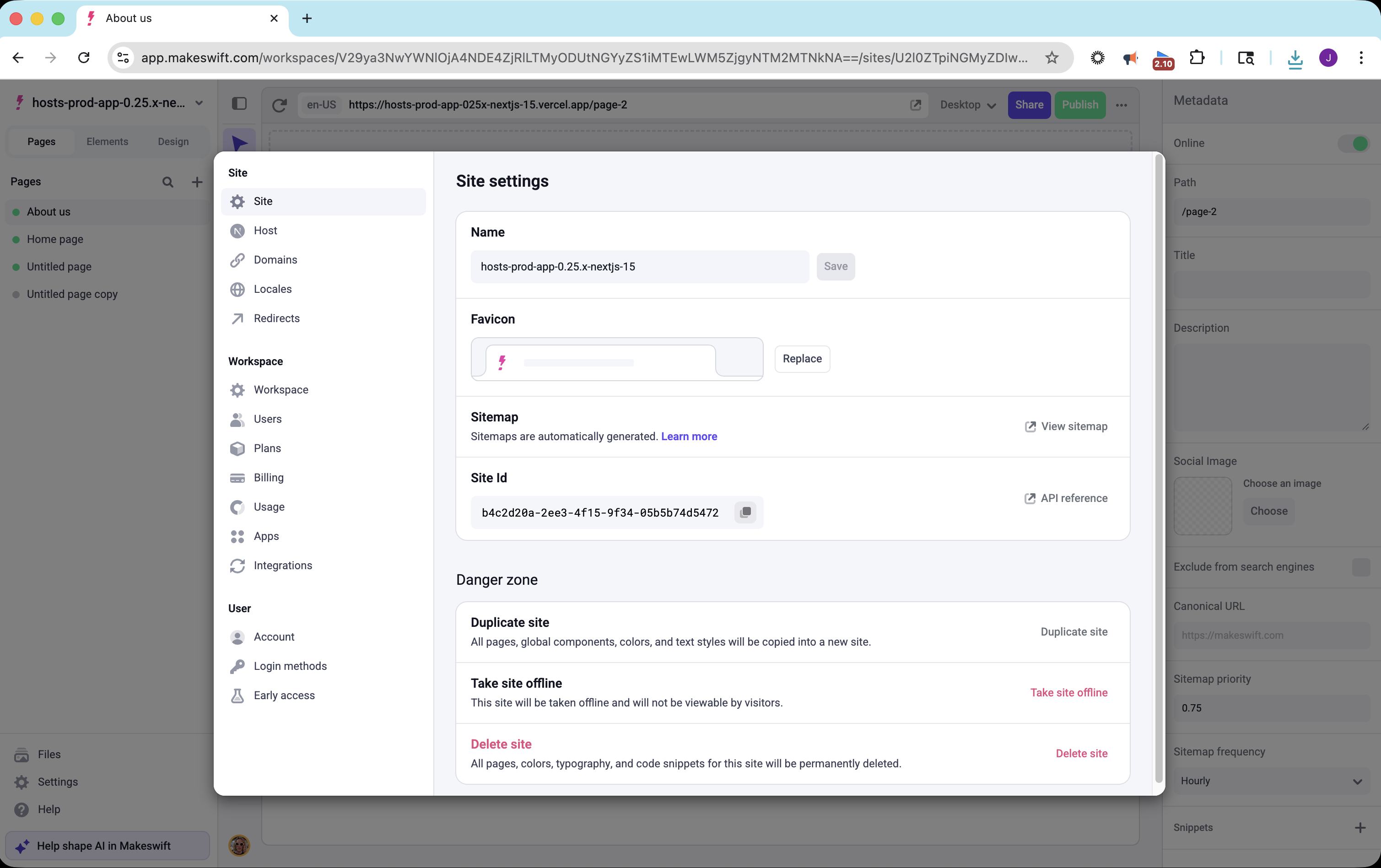 Site settings showing Site Id
