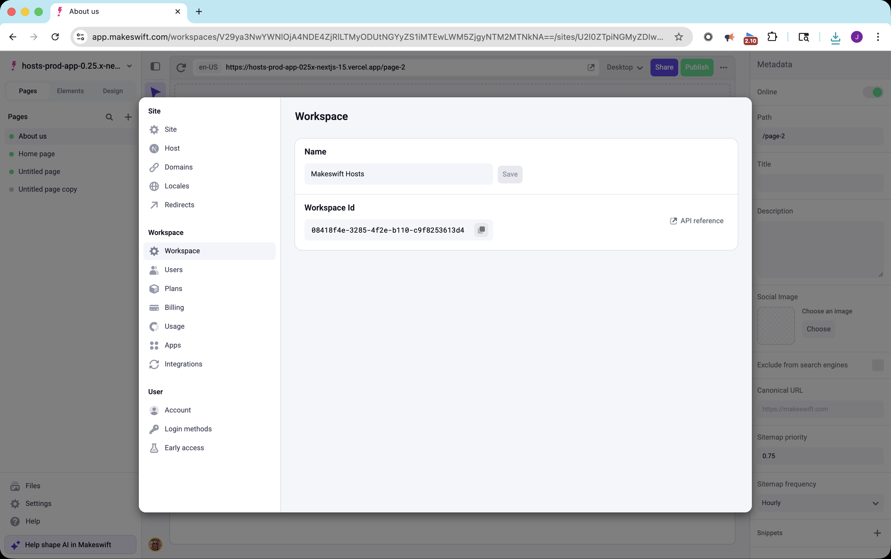 Workspace settings showing Workspace Id