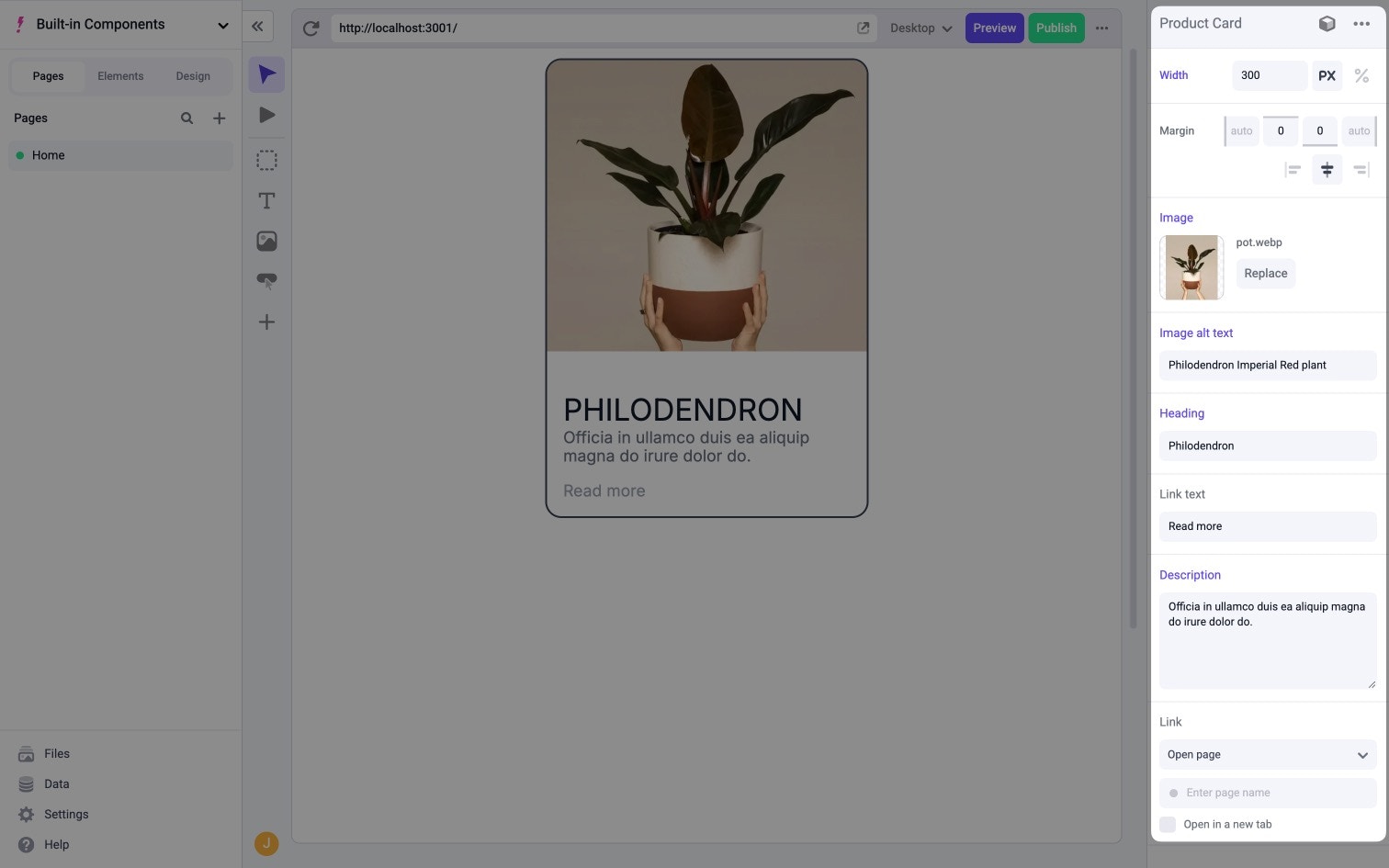 Properties of the card component