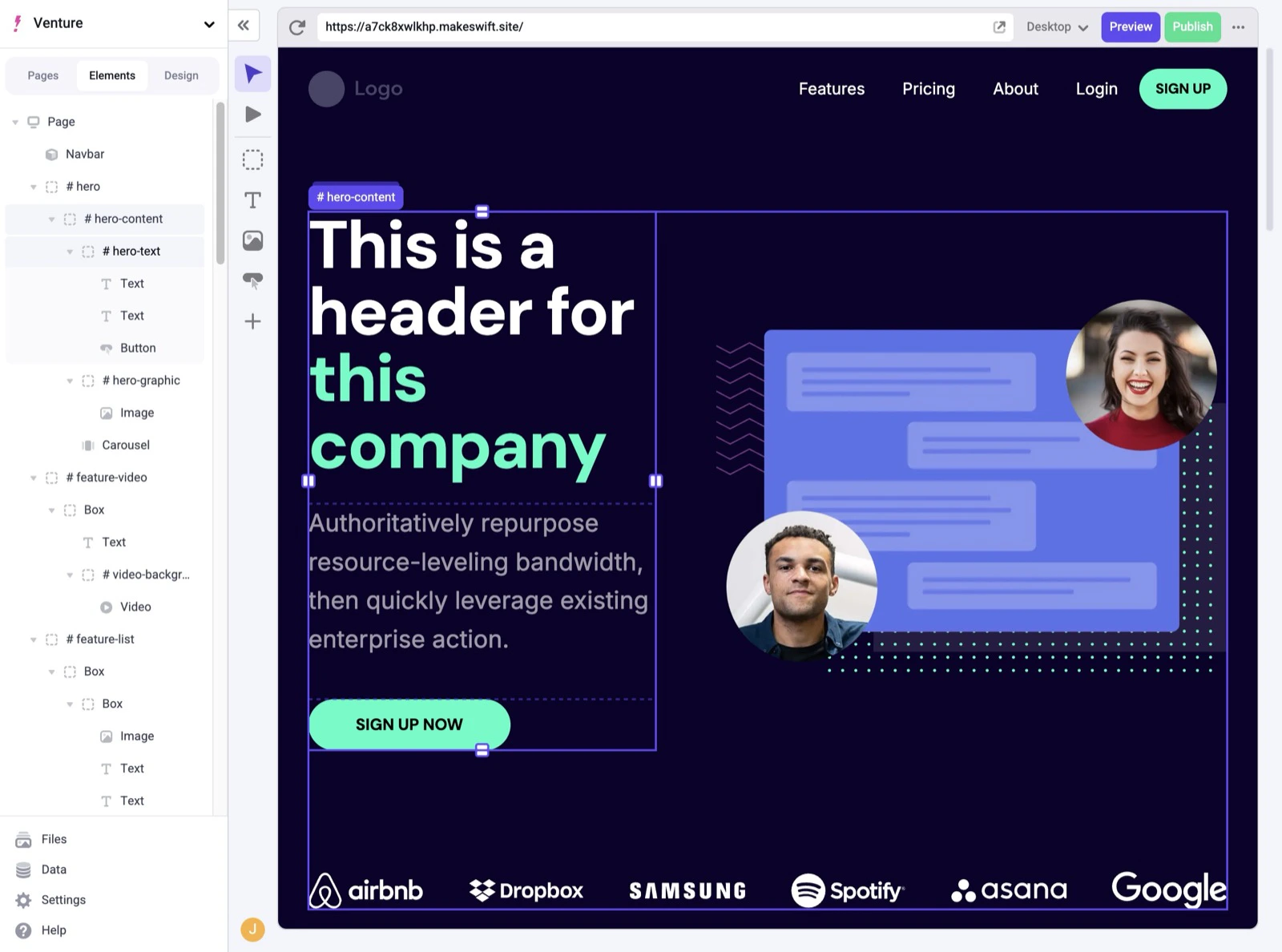 Visual builder showing the elements
panel