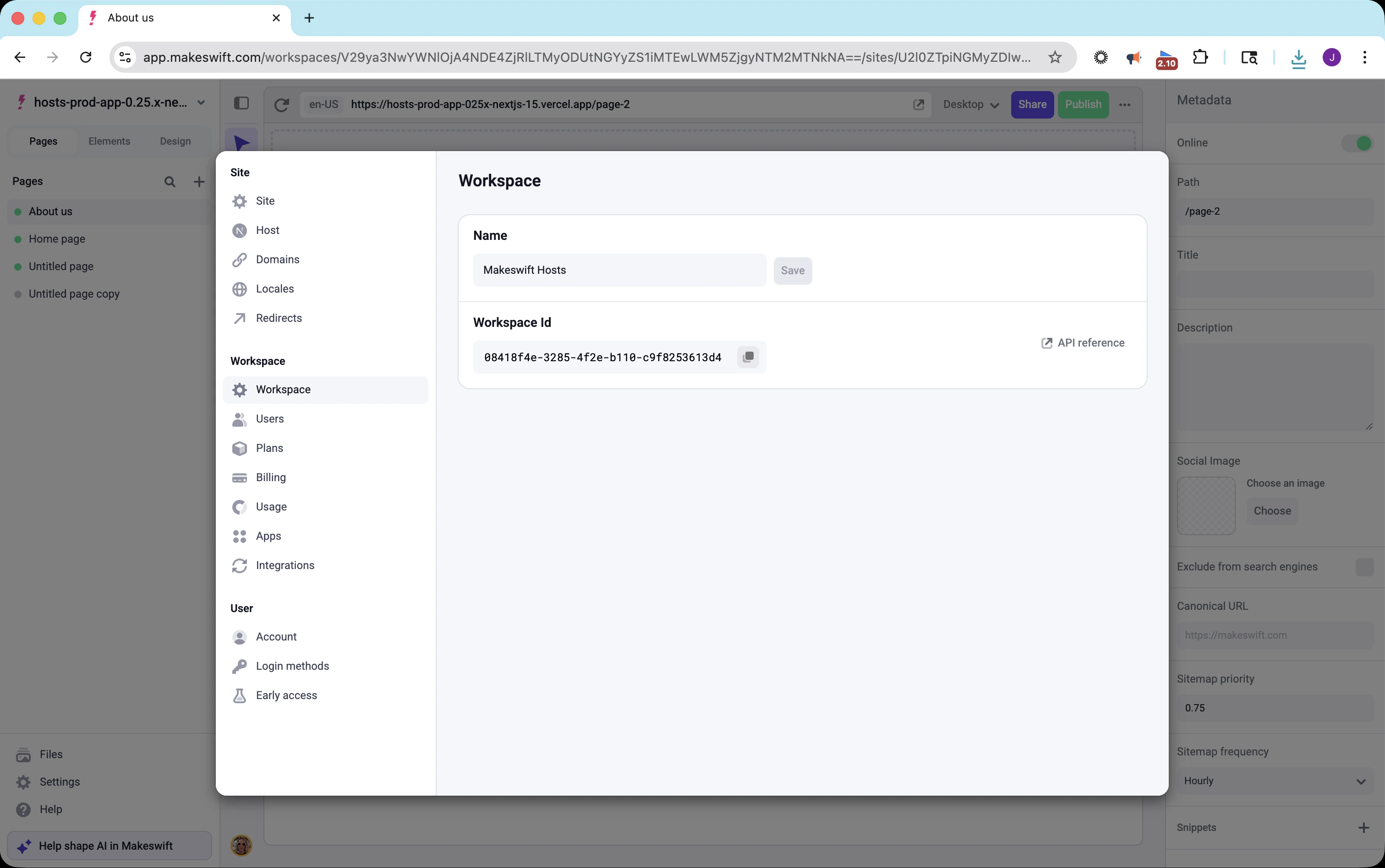 Workspace settings showing Workspace Id