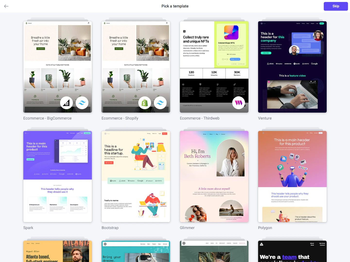 Screenshot of template picker