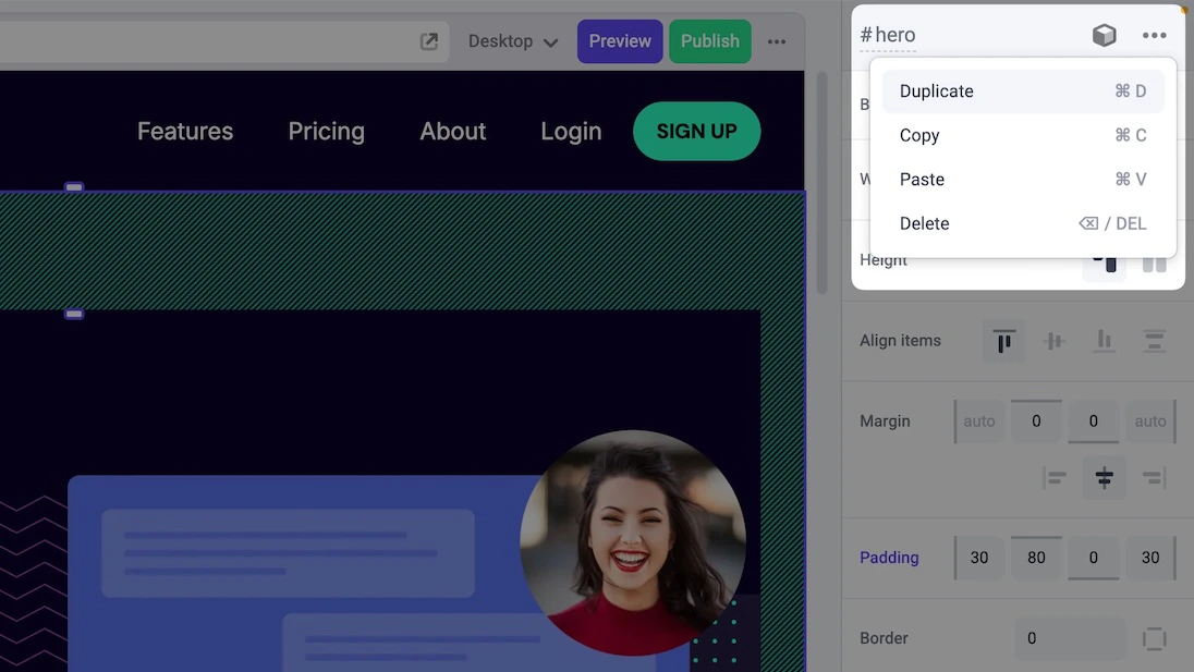 Menu actions for component