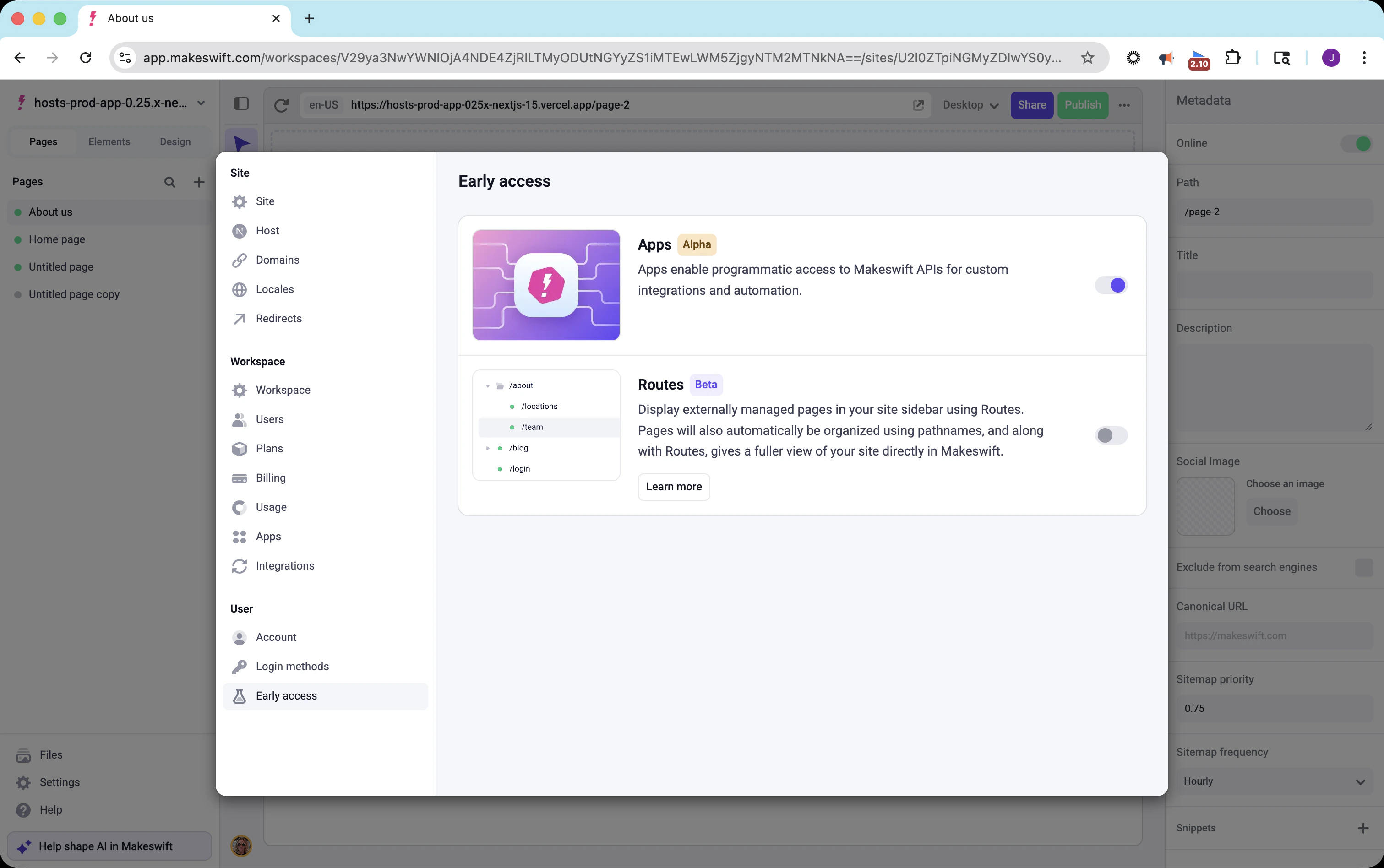 Early access settings showing the Apps toggle