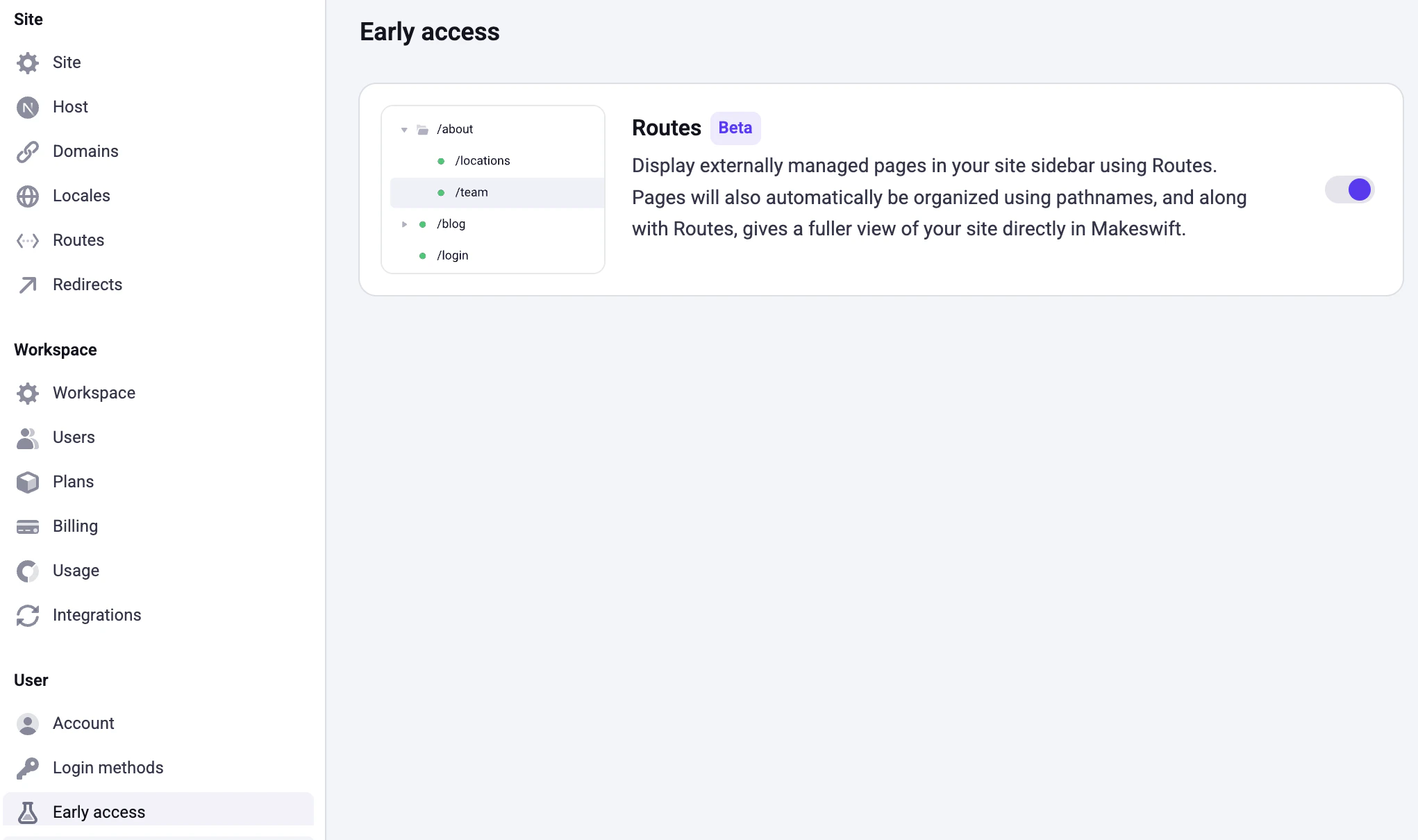 Settings page to enable routes