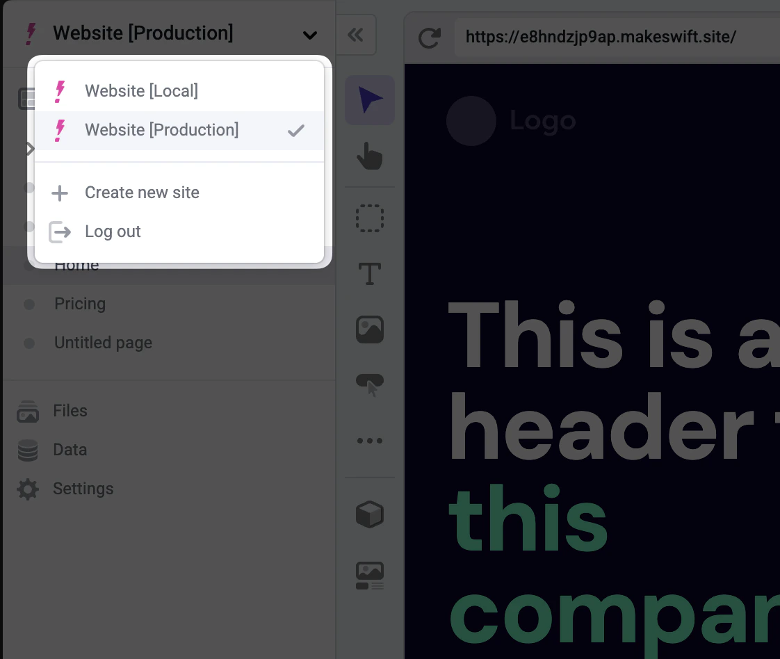 Two sites in the workspace dropdown