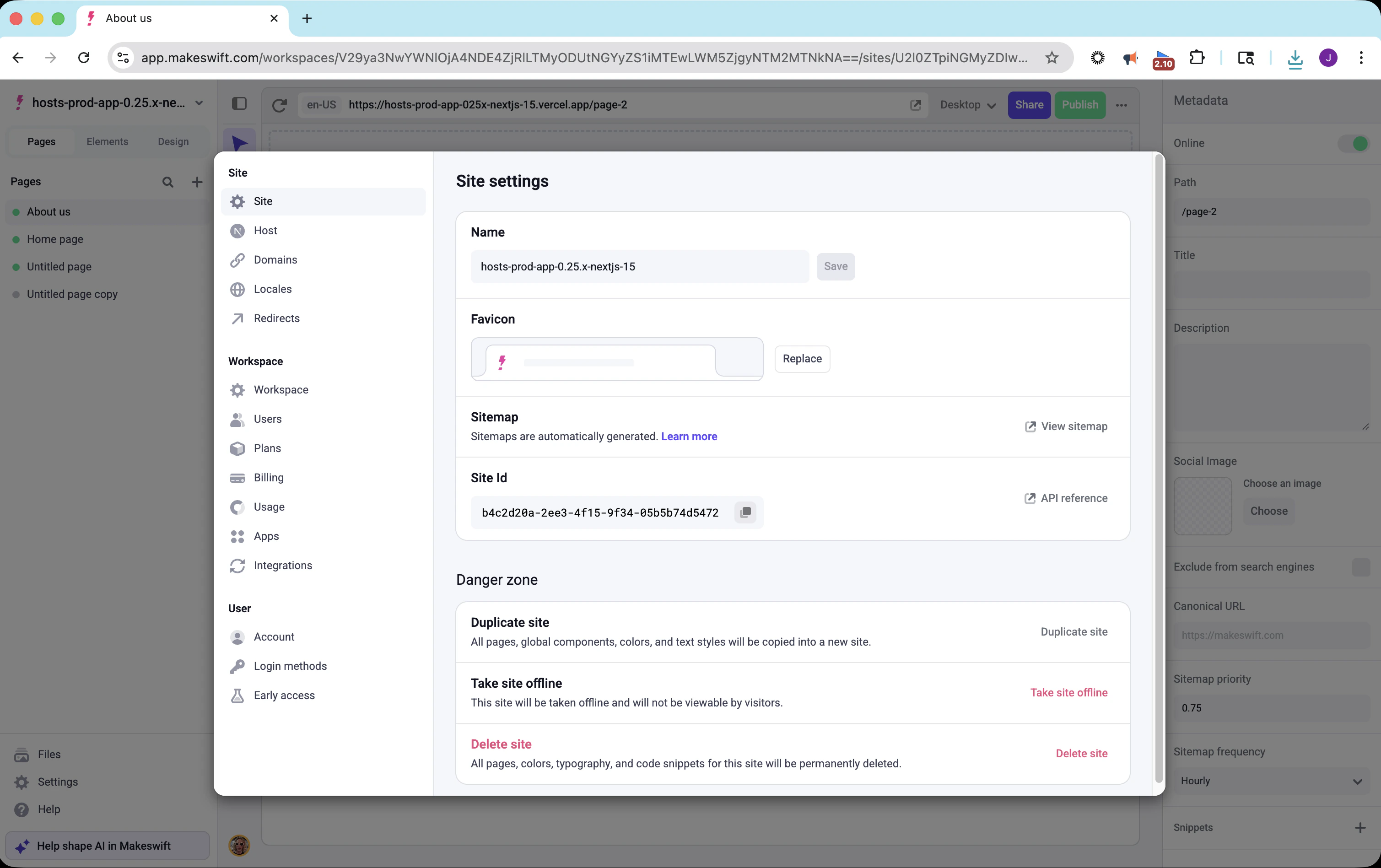 Site settings showing Site Id