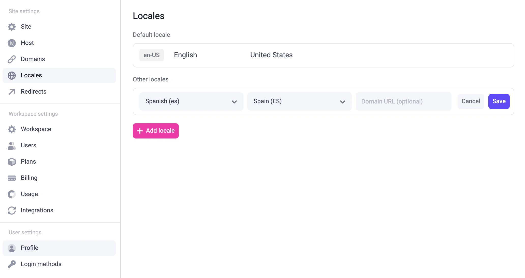 Localization settings showing a secondary locale