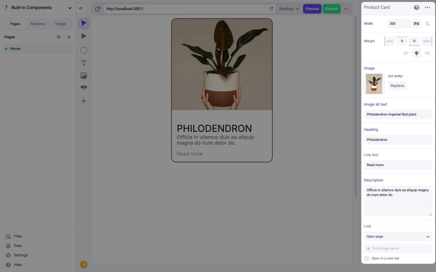 Properties of the card component