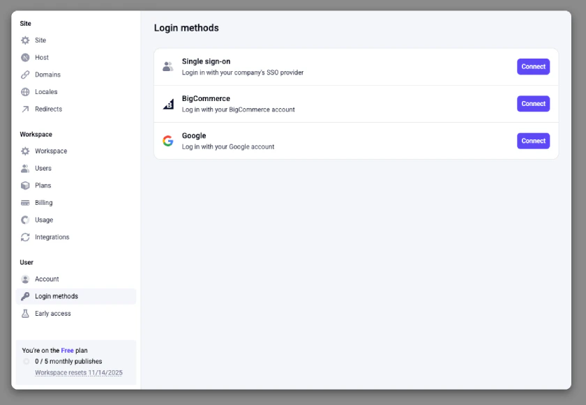 Available login methods for Makeswift users