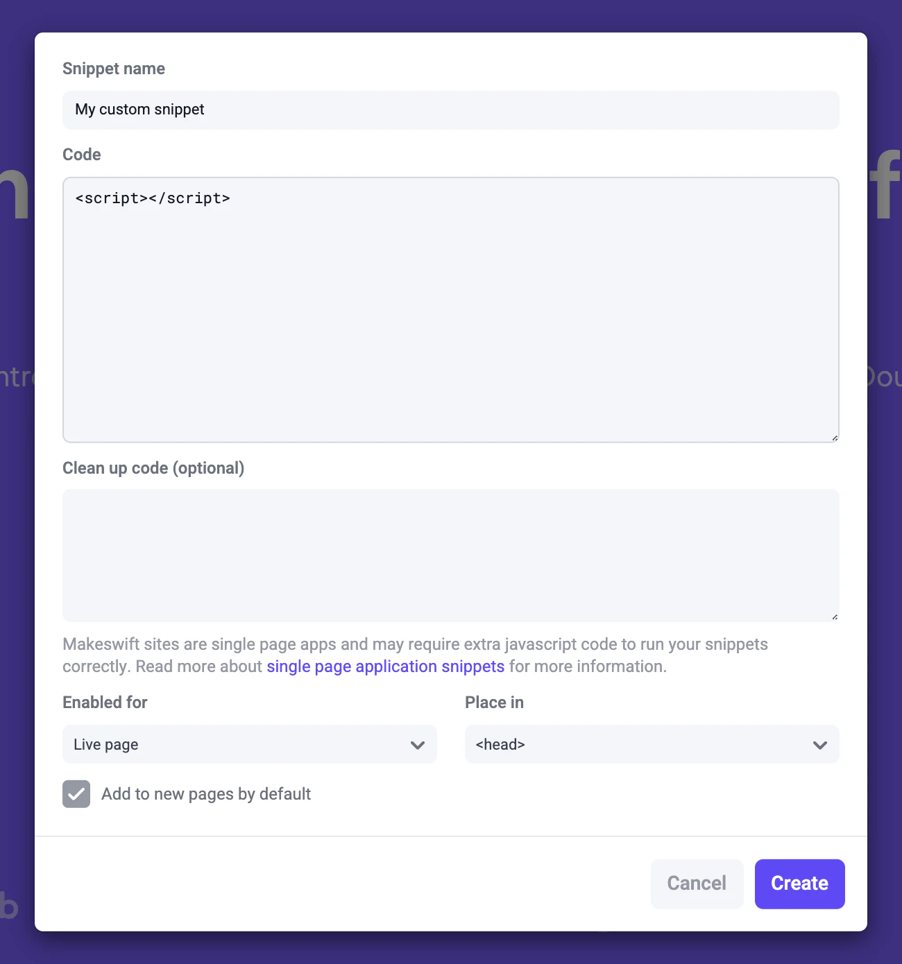 Makeswift snippet dialog