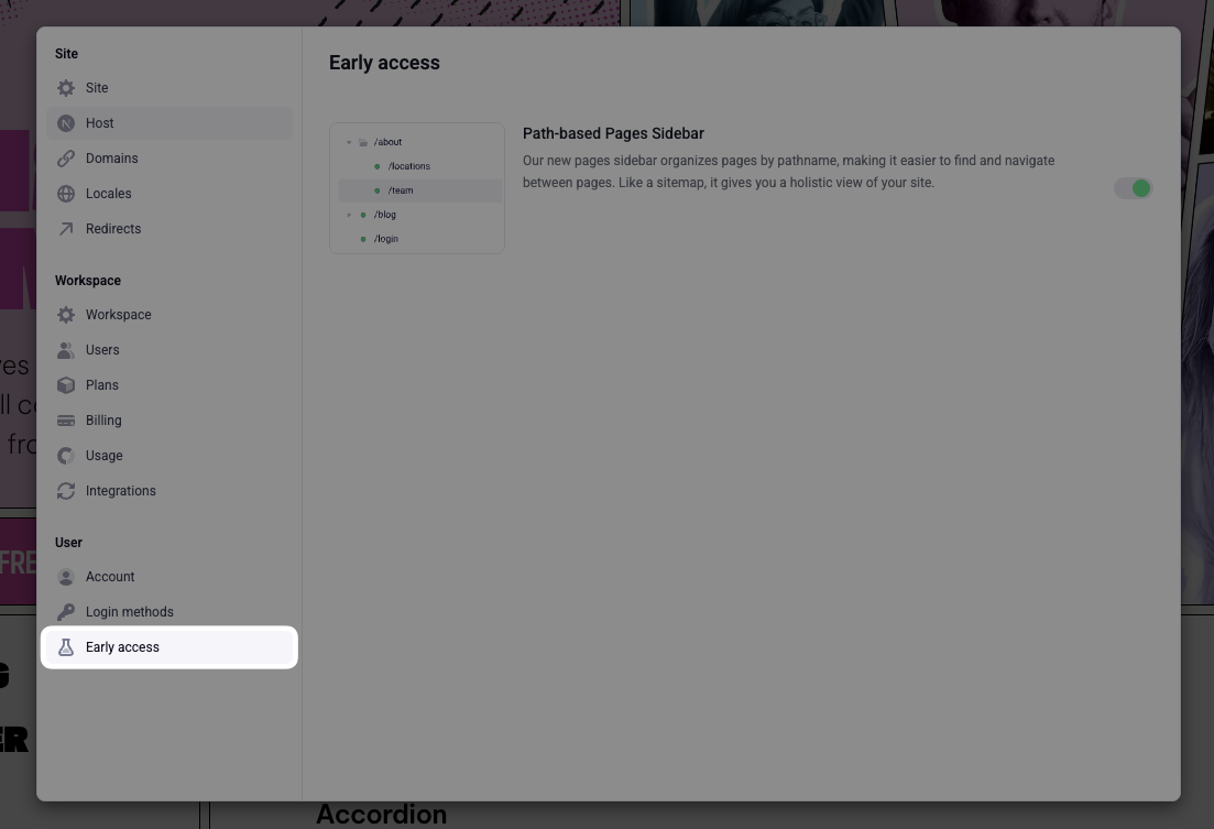 Early access tab with beta features that can be toggled