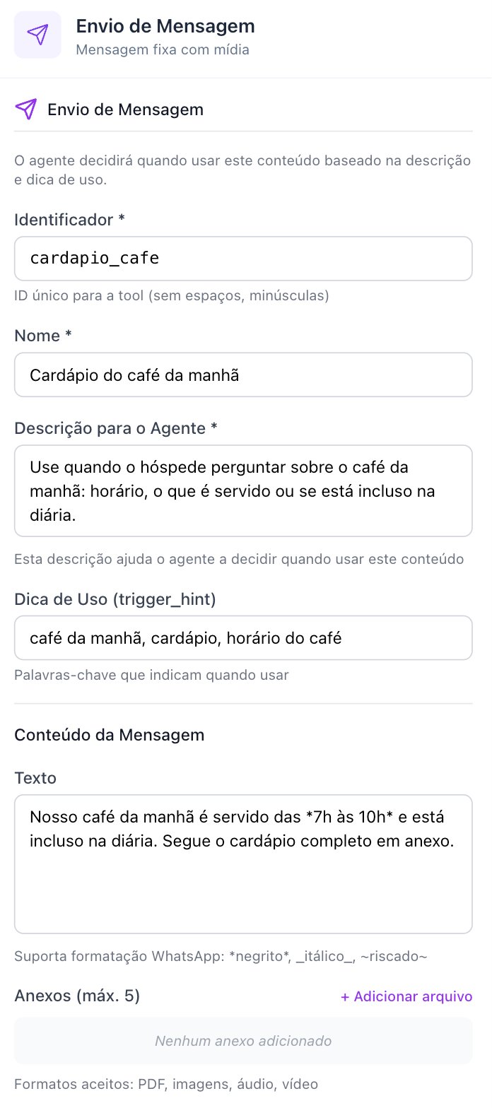 Painel do bloco Envio de Mensagem com Identificador, Nome, Descrição para o Agente, Dica de Uso, Texto e Anexos preenchidos