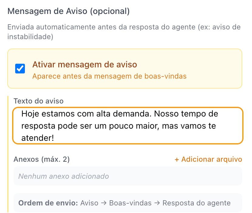 Bloco Início com a opção Ativar mensagem de aviso marcada, o campo Texto do aviso preenchido e a ordem de envio Aviso, Boas-vindas, Resposta do agente