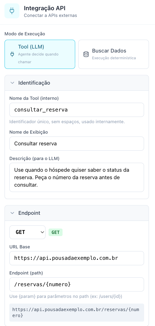 Painel da Integração API no modo Tool (LLM) com Nome da Tool, Nome de Exibição, Descrição, método GET, URL Base e Endpoint preenchidos