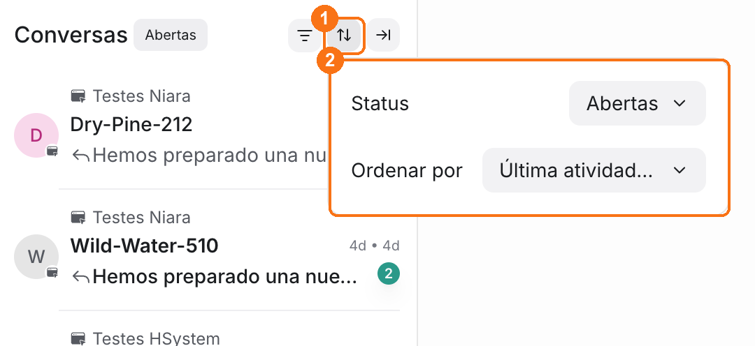 Lista de conversas com o botão Ordenar conversas marcado com 1 e o menu com Status e Ordenar por marcado com 2