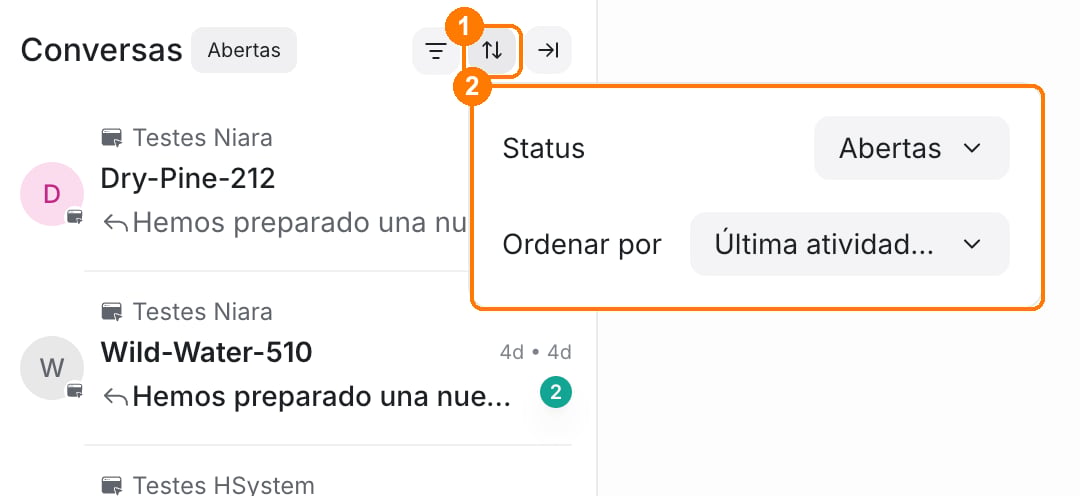 Lista de conversas com o botão Ordenar conversas marcado com 1 e o menu com Status e Ordenar por marcado com 2