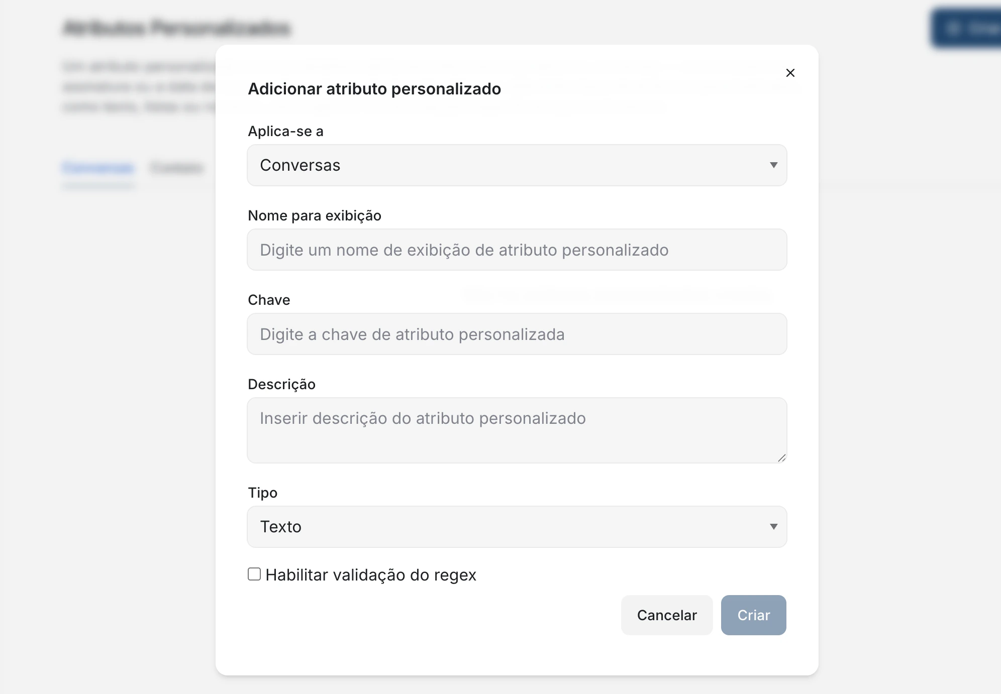 Tela de atributos personalizados