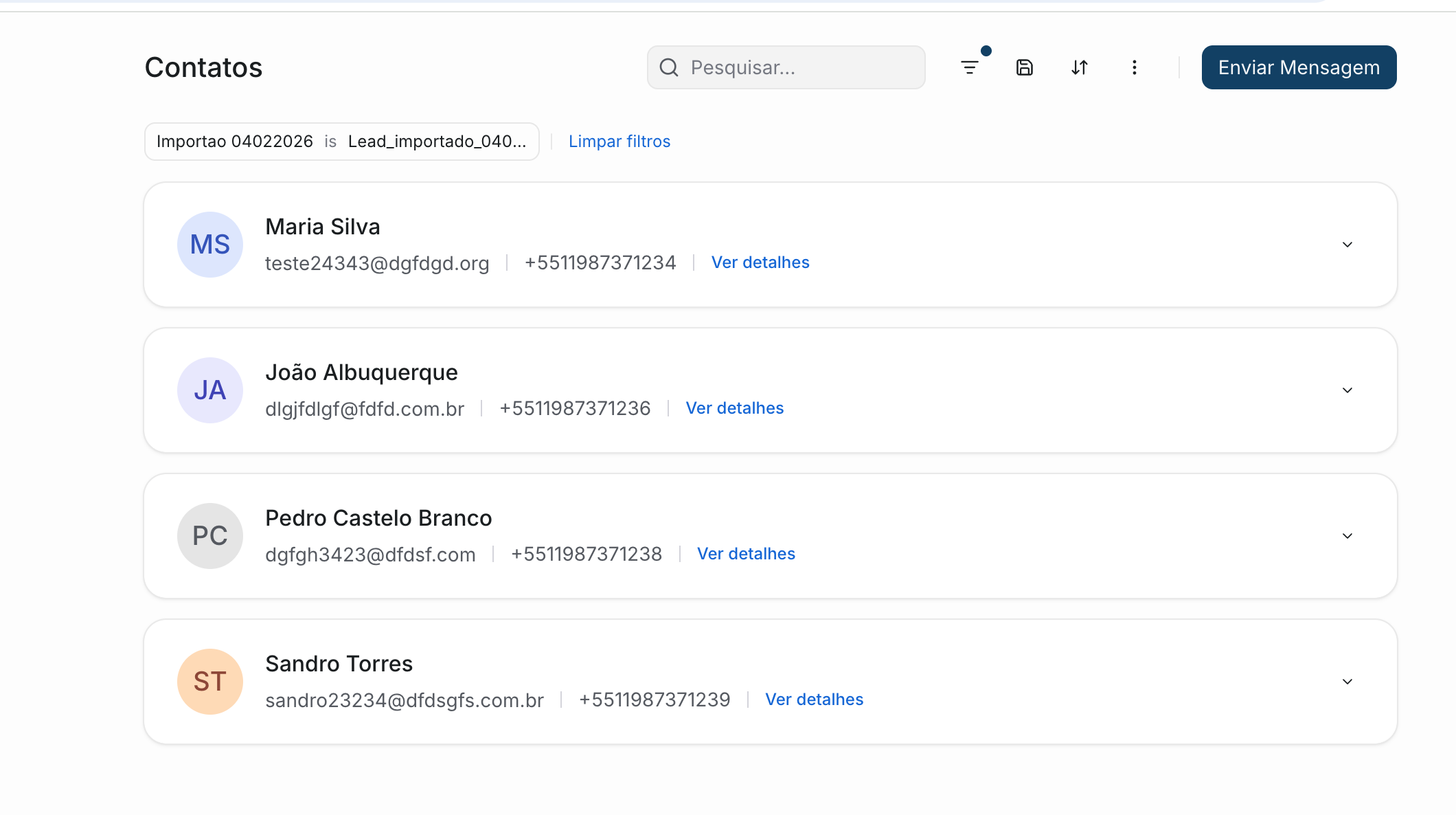 Lista de contatos filtrados