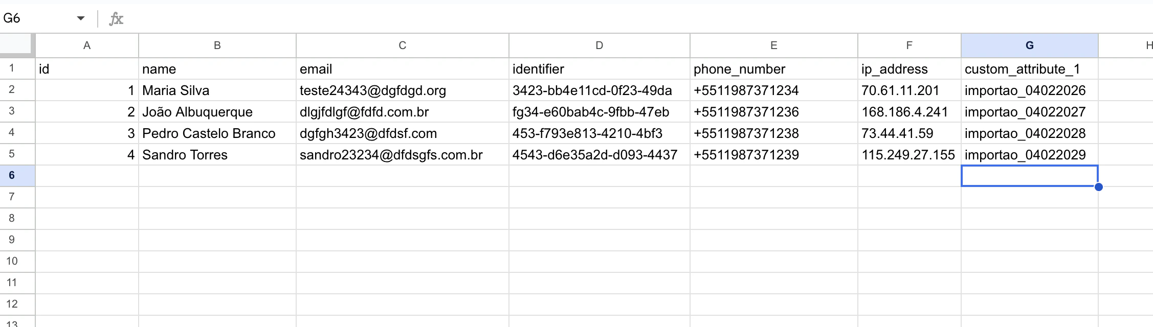 Planilha com colunas padrão e atributo personalizado