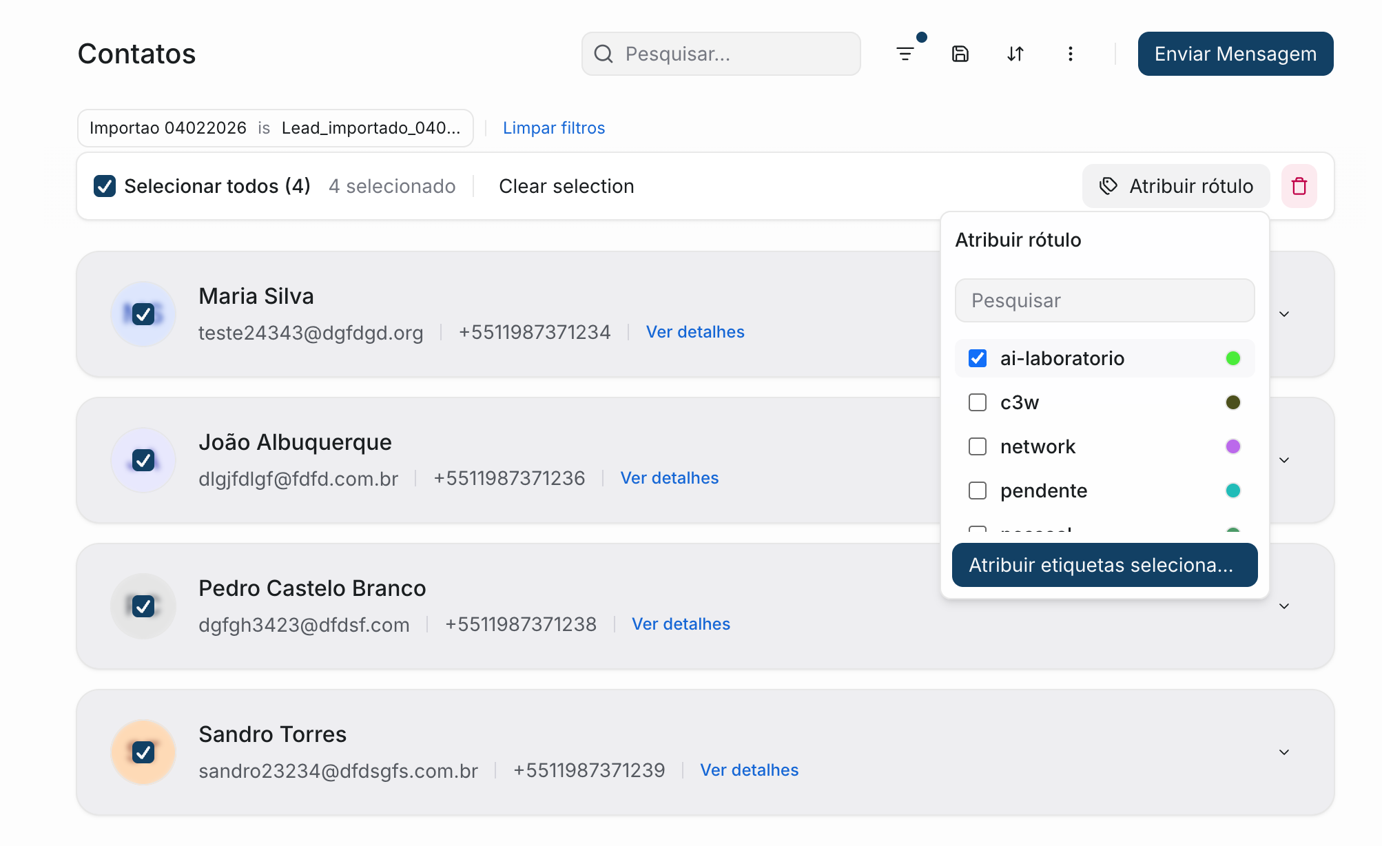 Selecionar contatos e aplicar etiqueta em massa