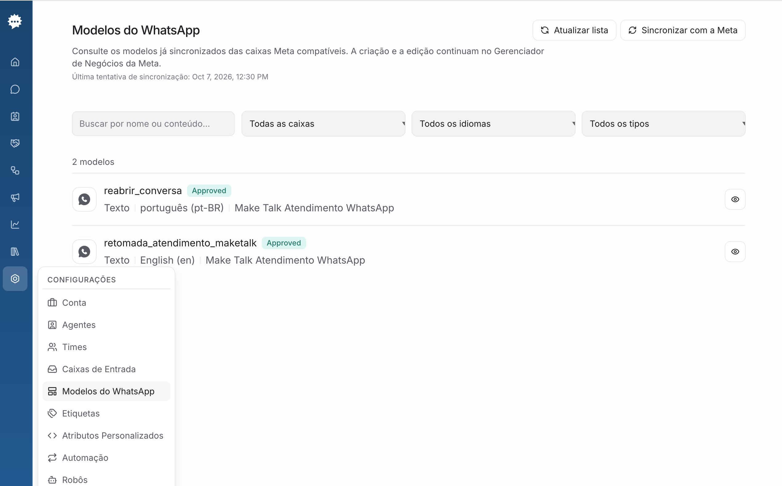 Menu Configurações com Modelos do WhatsApp selecionado e lista de modelos aprovados com busca e filtros