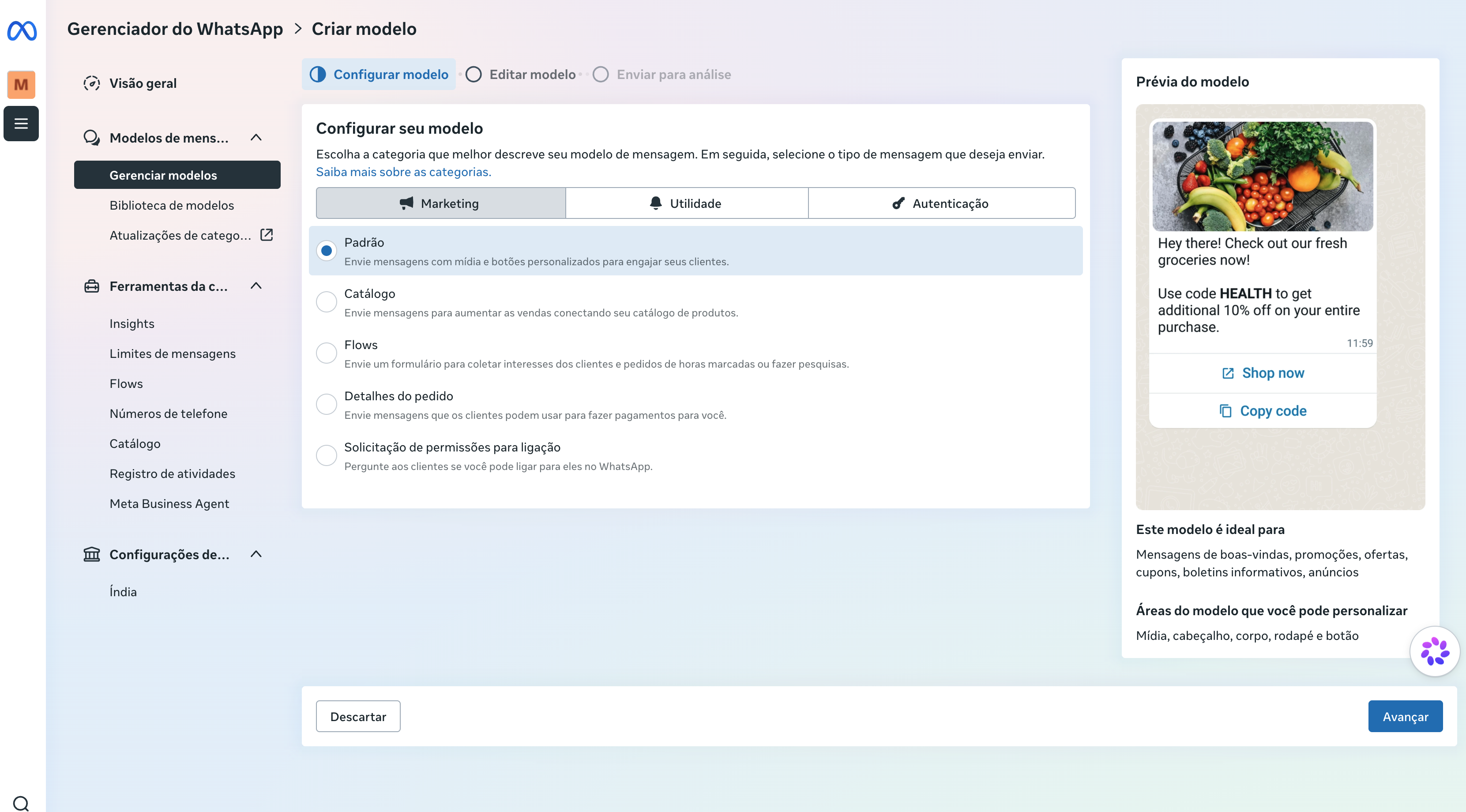 Tela Configurar modelo na Meta com categorias Marketing, Utilidade e Autenticação e botão Avançar
