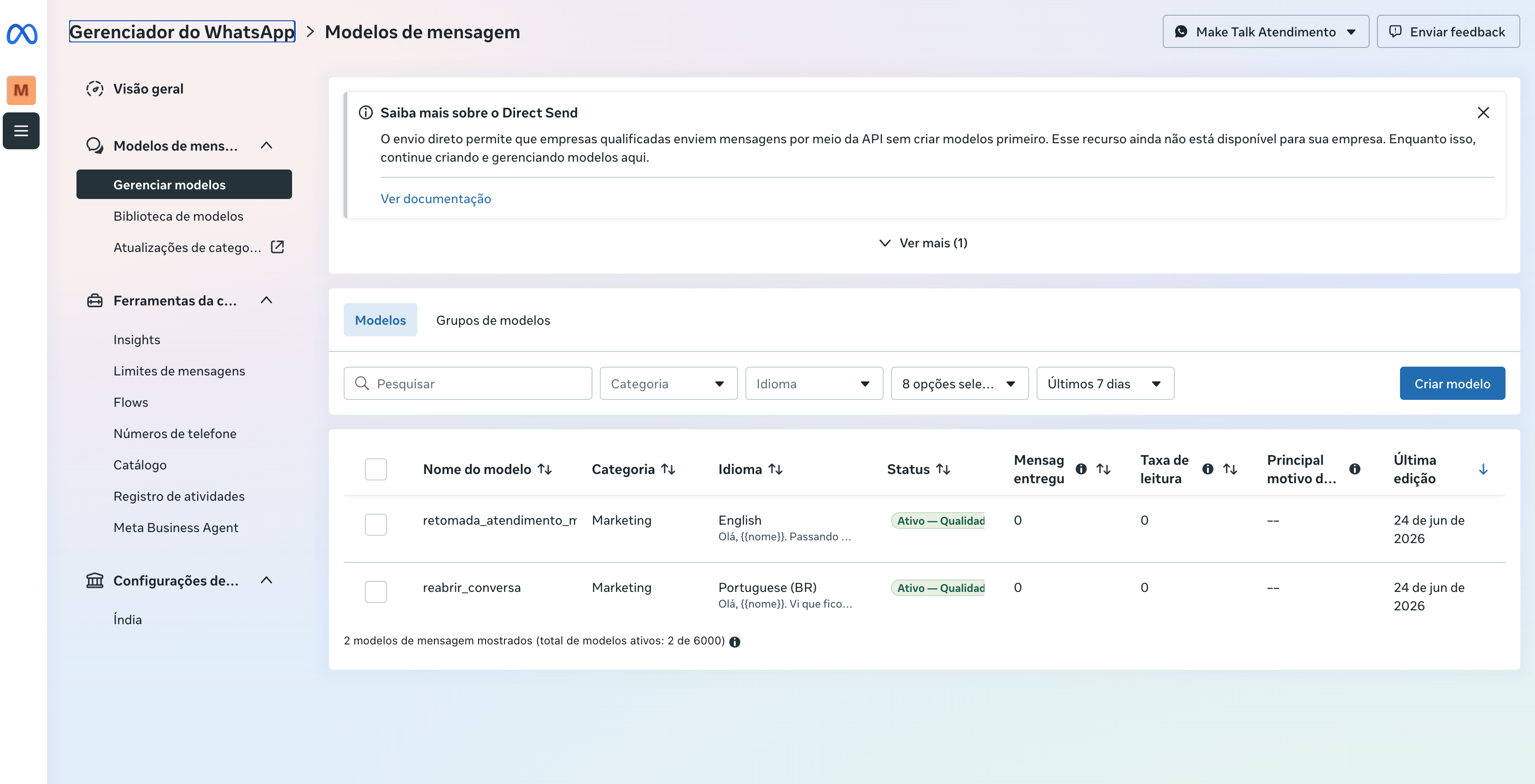 Gerenciador do WhatsApp com Gerenciar modelos selecionado e botão Criar modelo à direita