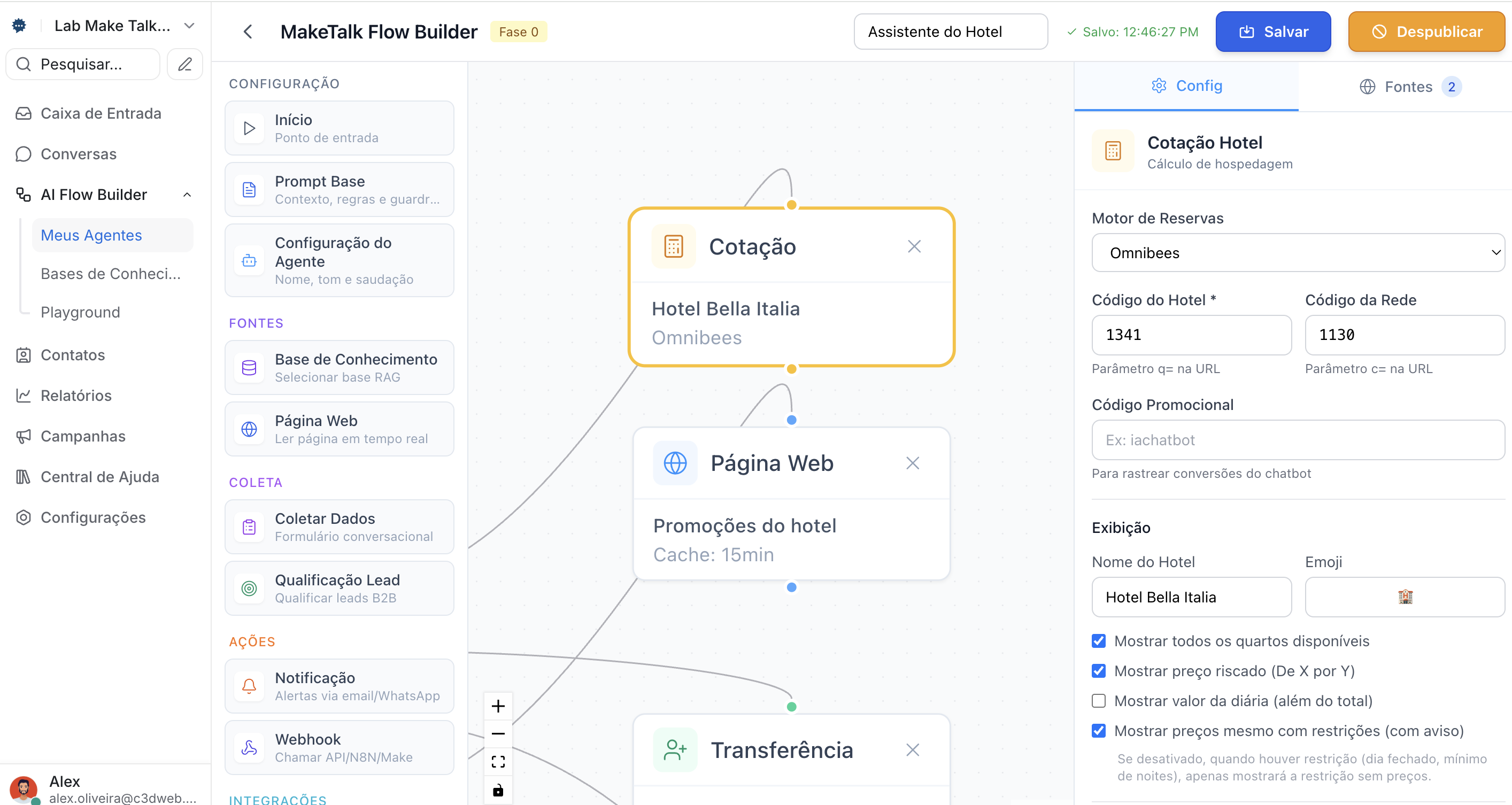 Configuração do bloco de cotação de hotel