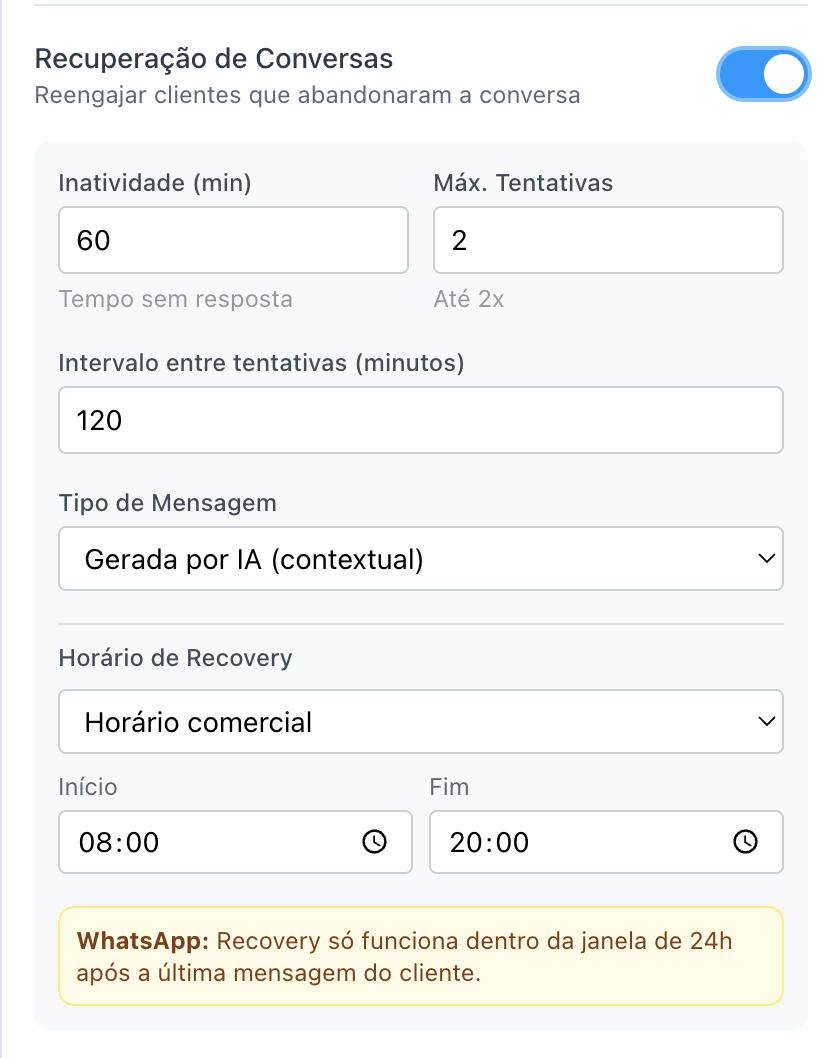 Configuração de recuperação de conversas