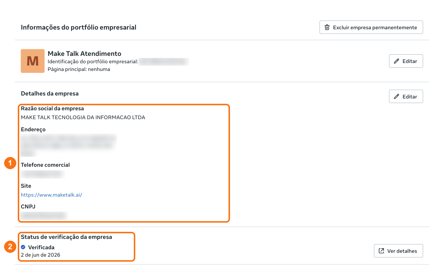 Tela Informações do portfólio empresarial com a seção Detalhes da empresa marcada com 1 e o Status de verificação da empresa, Verificada, marcado com 2. Endereço, telefone e CNPJ aparecem borrados