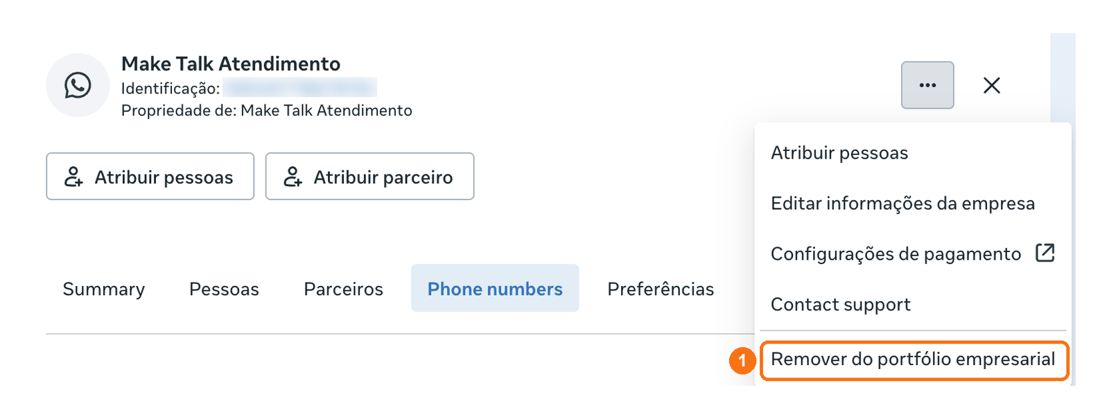 Menu da conta do WhatsApp aberto, com a opção Remover do portfólio empresarial marcada com 1