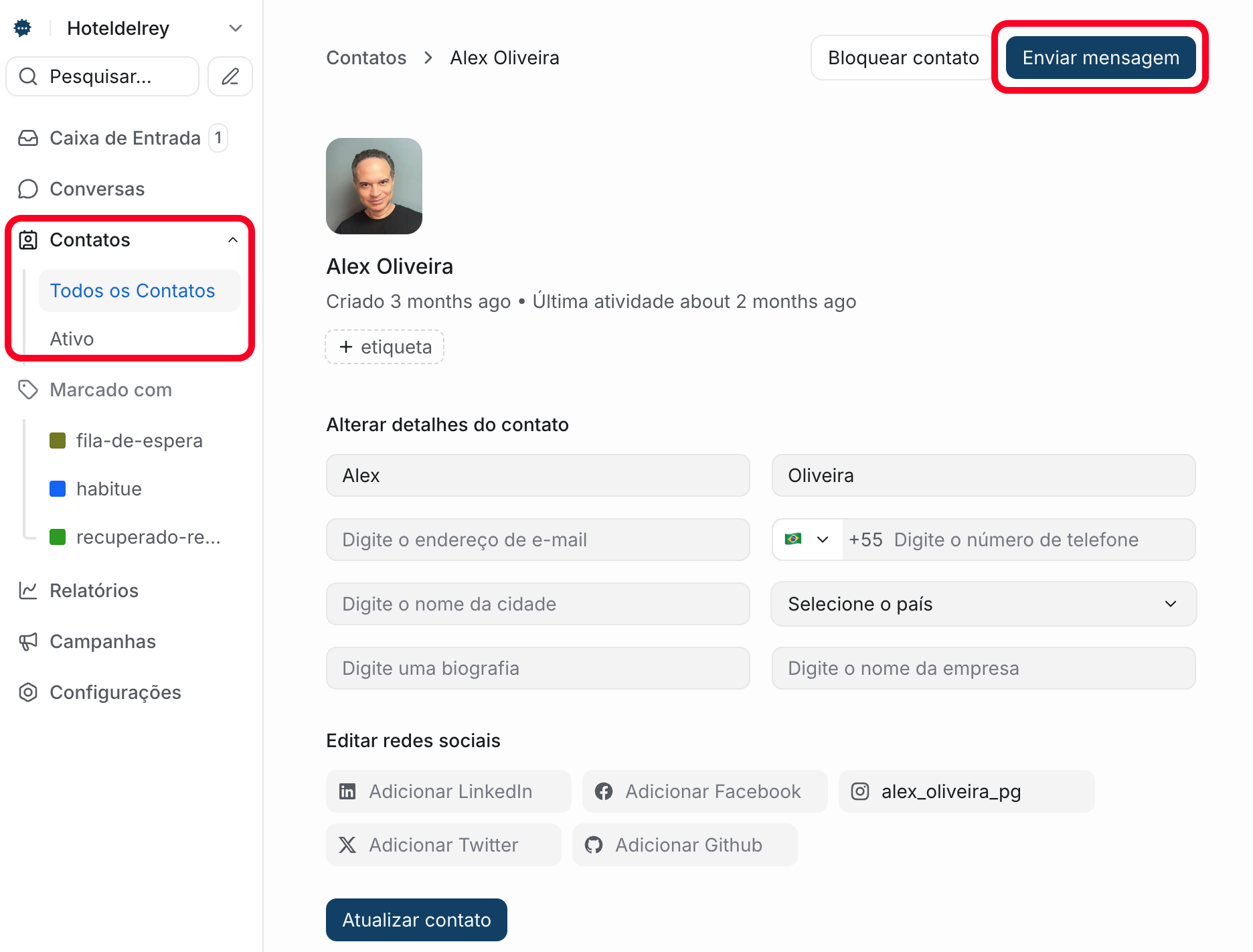 Acesse o contato e clique em 'Enviar mensagem'