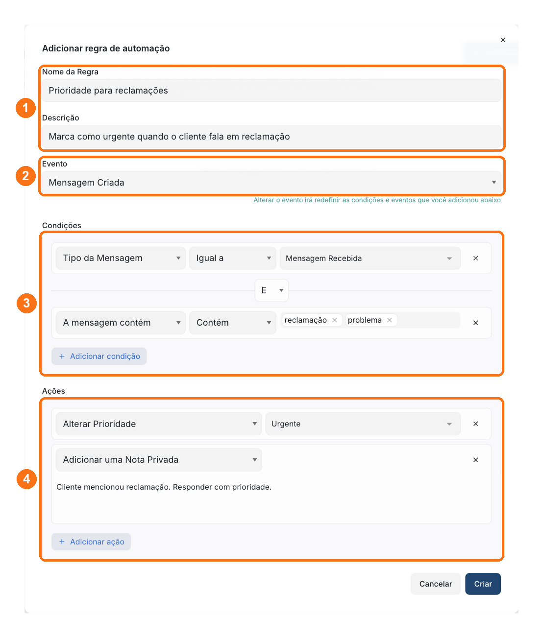 Janela Adicionar regra de automação com nome e descrição marcados com 1, evento Mensagem Criada marcado com 2, as condições Tipo da Mensagem igual a Mensagem Recebida e A mensagem contém reclamação ou problema marcadas com 3, e as ações Alterar Prioridade Urgente e Adicionar uma Nota Privada marcadas com 4