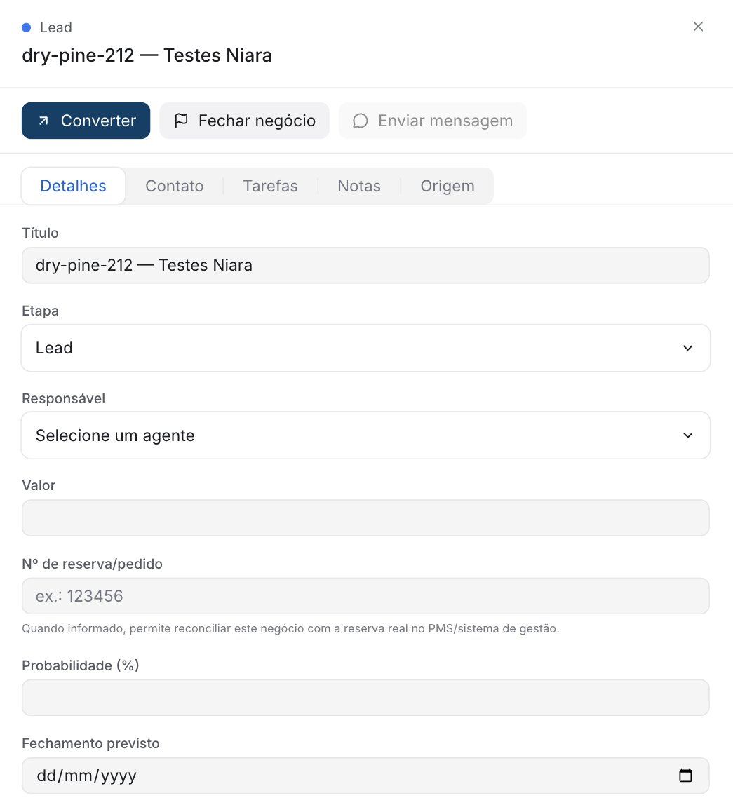 Lateral do negócio com os botões Converter, Fechar negócio e Enviar mensagem, as abas Detalhes, Contato, Tarefas, Notas e Origem, e os campos Título, Etapa, Responsável, Valor, Nº de reserva/pedido, Probabilidade e Fechamento previsto