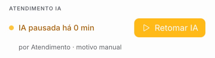 Bloco Atendimento IA mostrando a IA pausada e o botão Retomar IA
