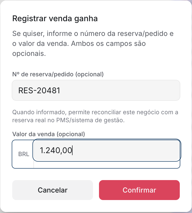 Janela Registrar venda ganha com Nº de reserva/pedido RES-20481 e Valor da venda R$ 1.240,00, e os botões Cancelar e Confirmar