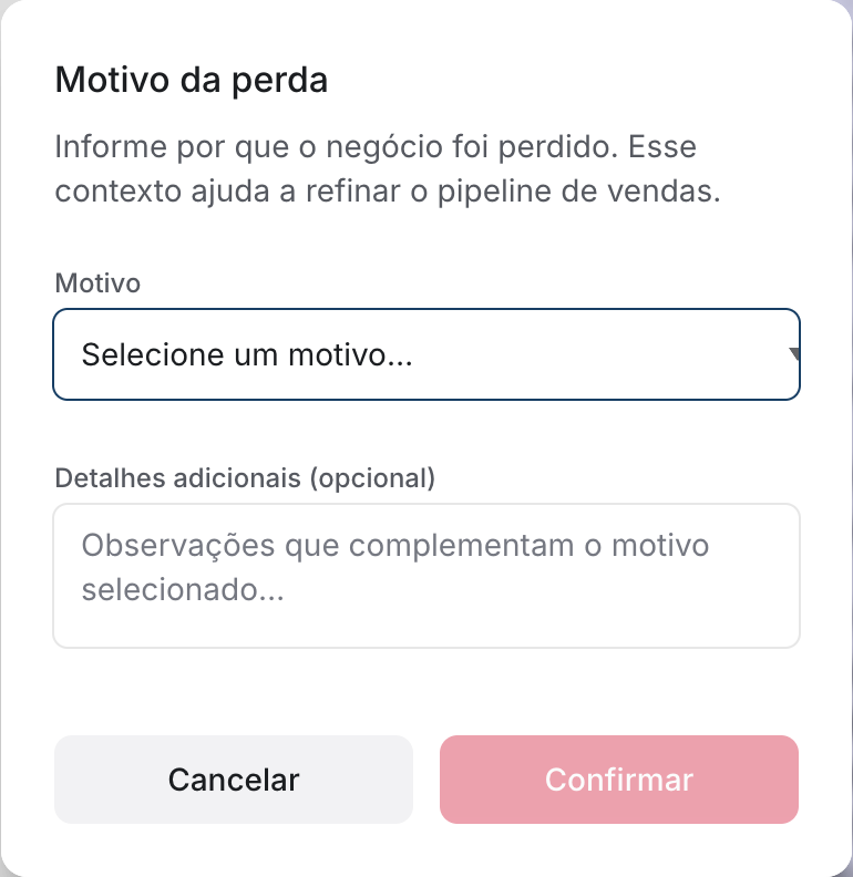 Janela Motivo da perda com a lista Selecione um motivo, o campo Detalhes adicionais e os botões Cancelar e Confirmar