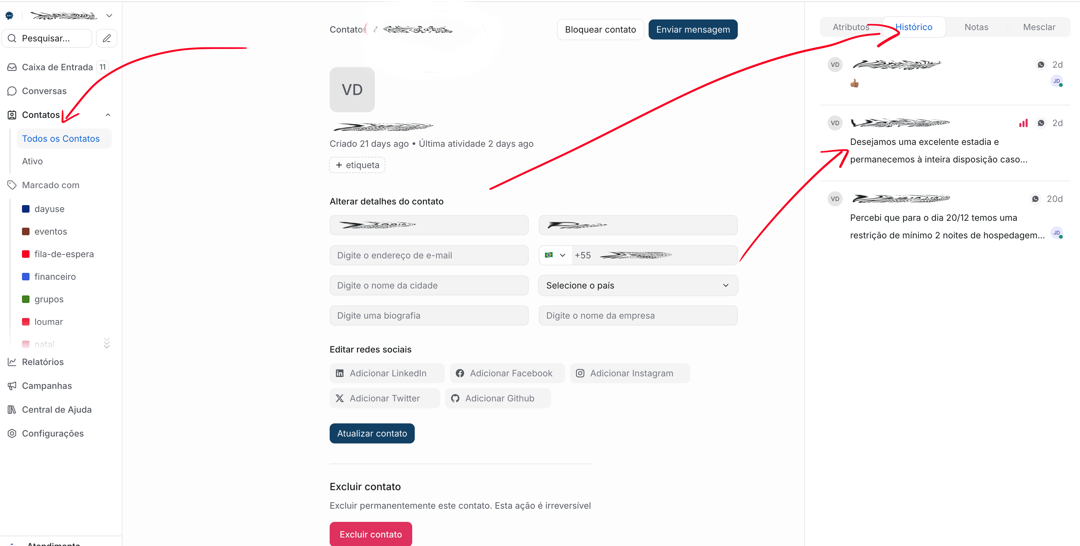 Detalhes do contato mostrando histórico