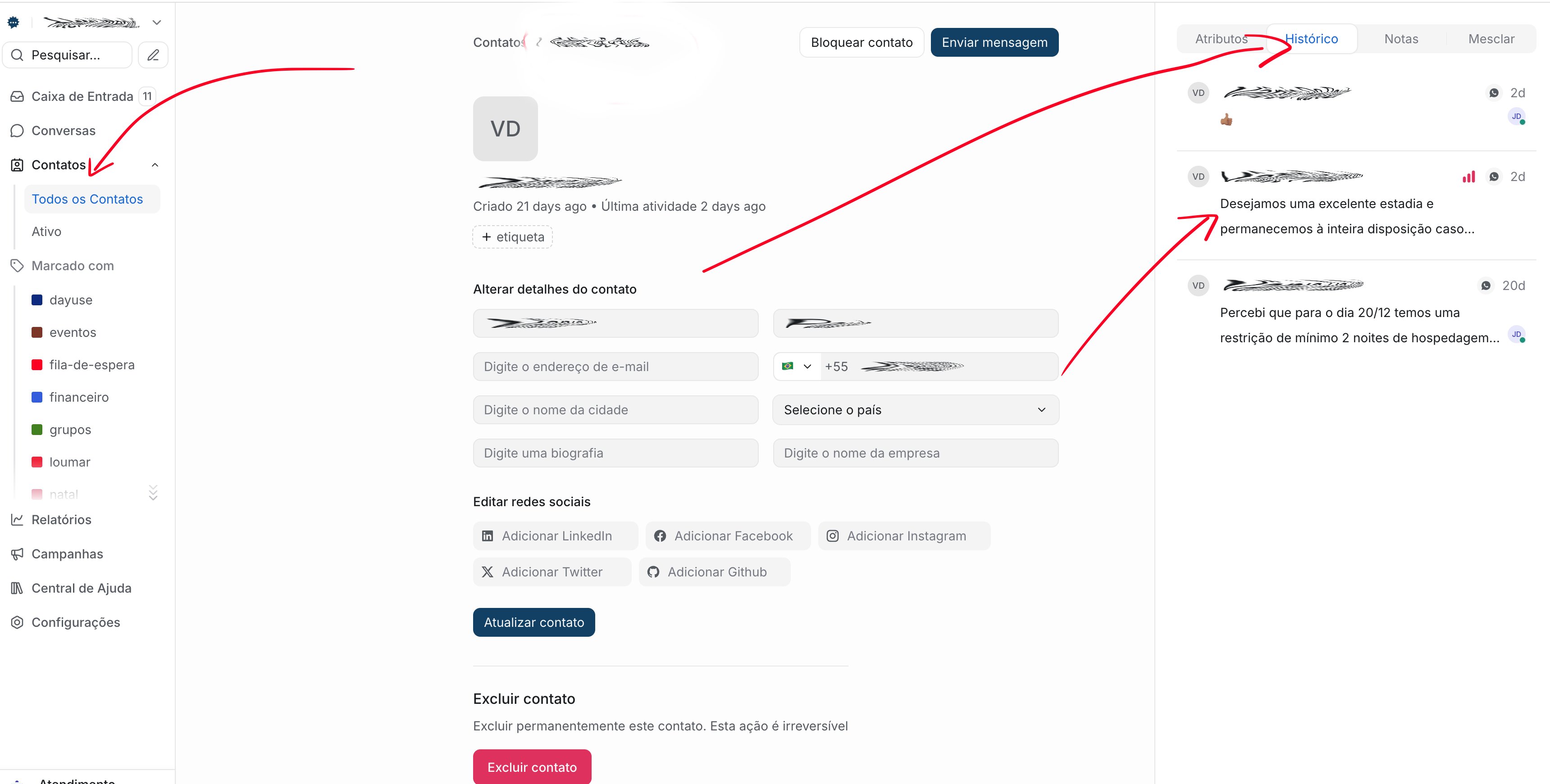 Detalhes do contato mostrando histórico