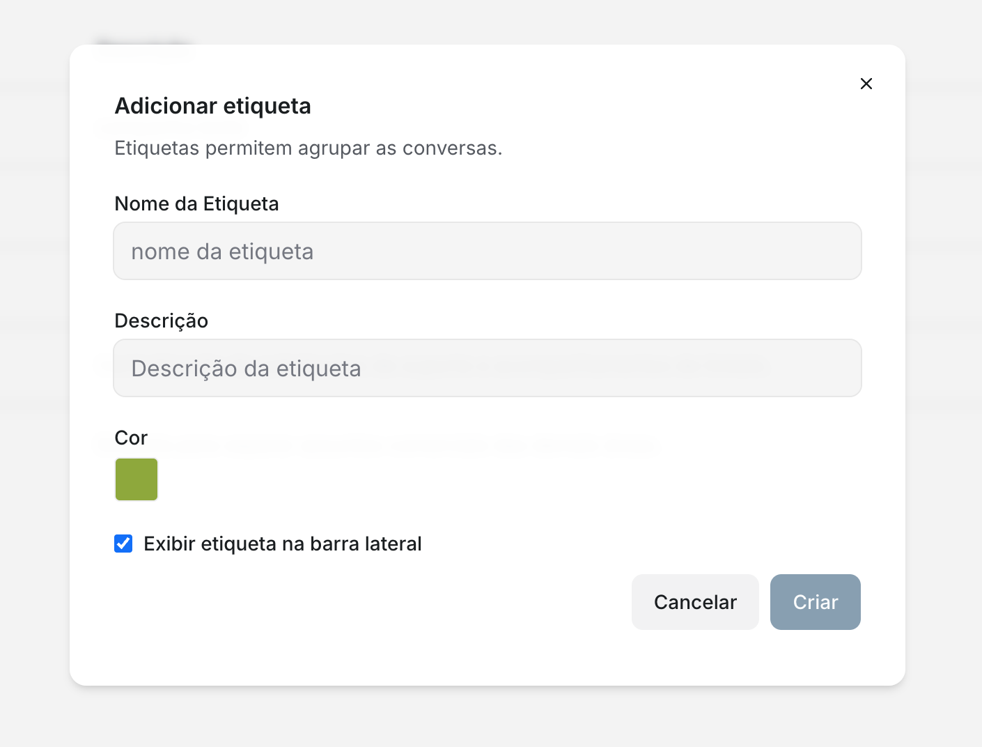 Preencha o nome, descrição e escolha a cor da etiqueta