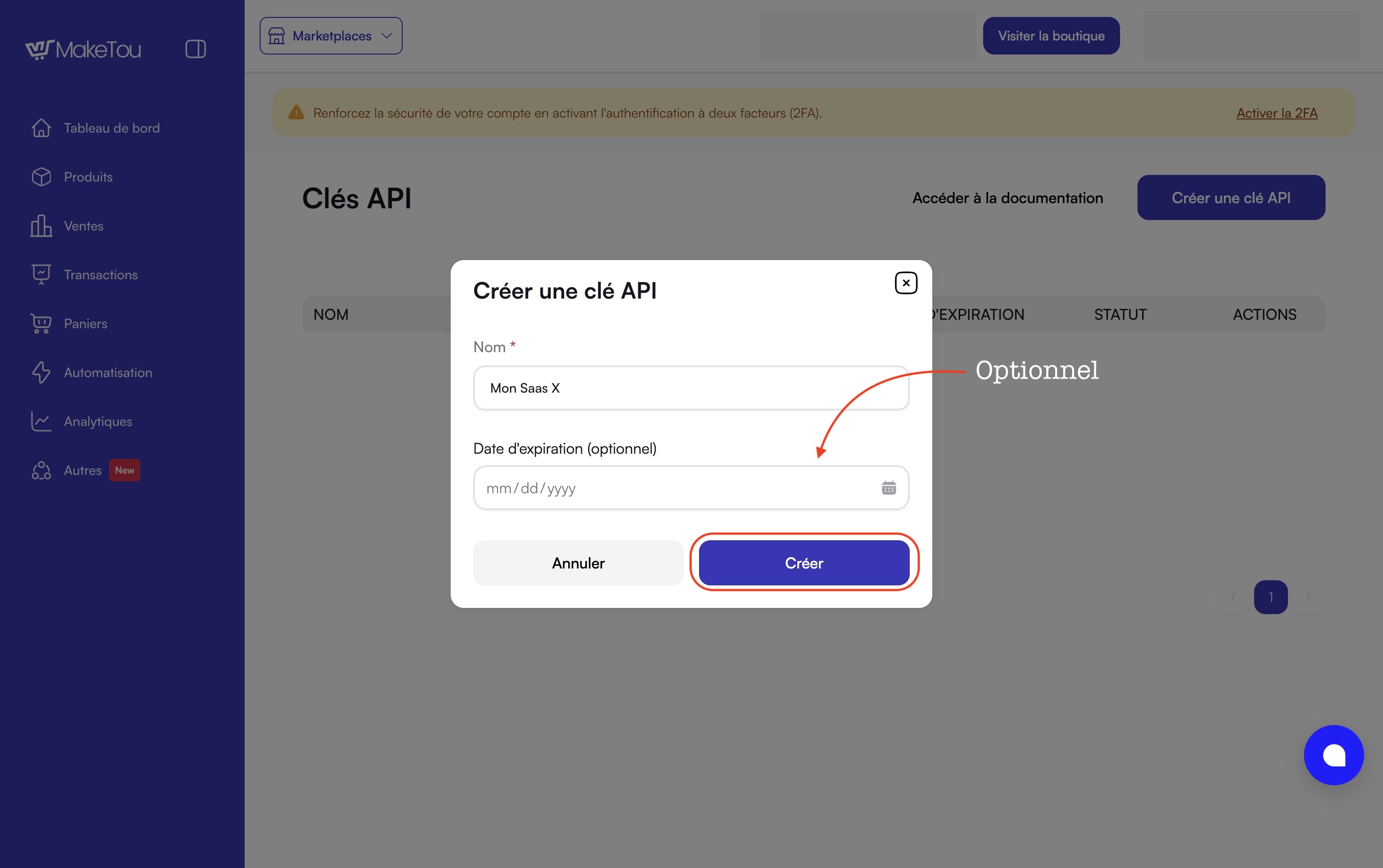 Formulaire de création d'une clé API