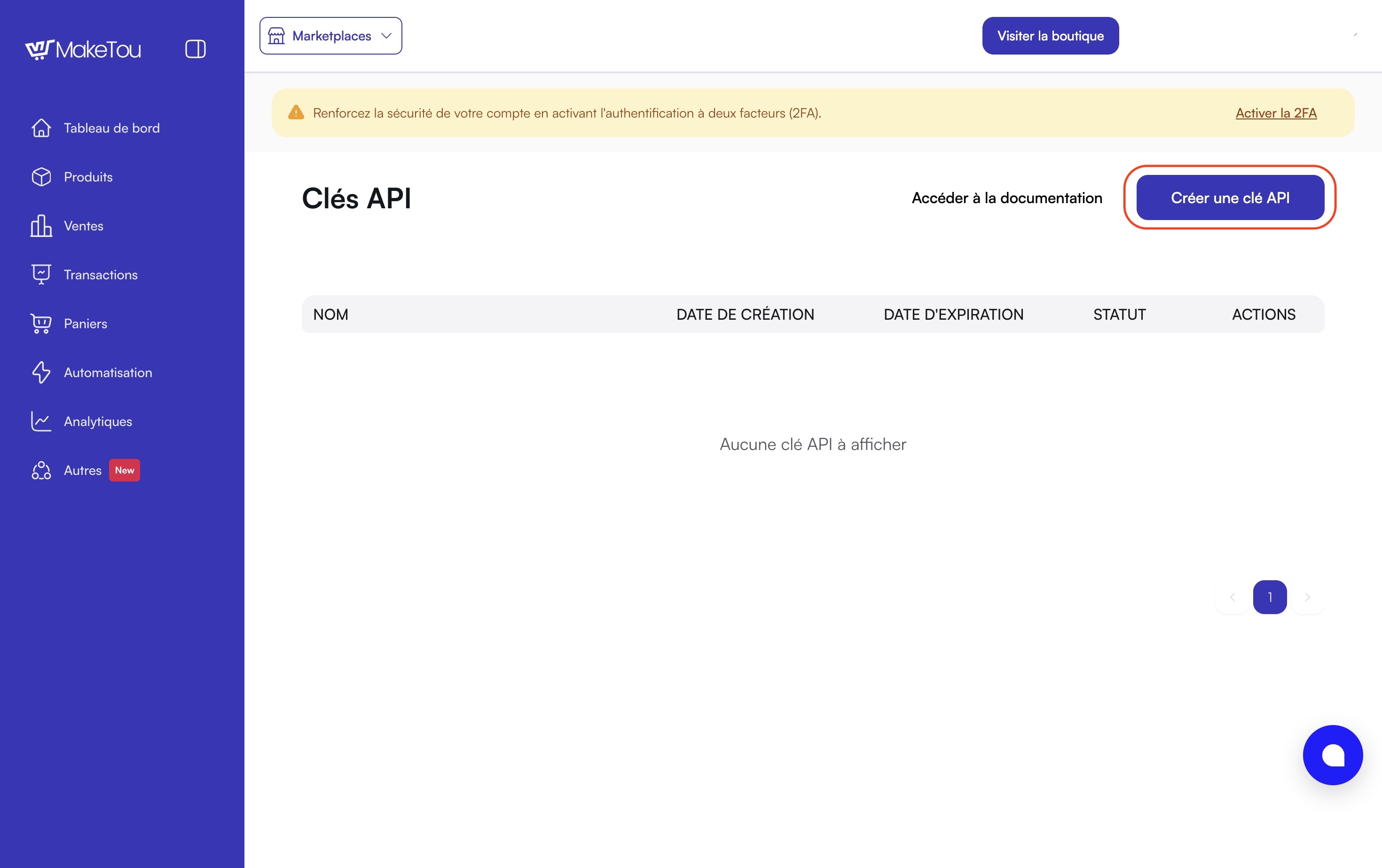 Page des clés API avec le bouton Créer une clé API