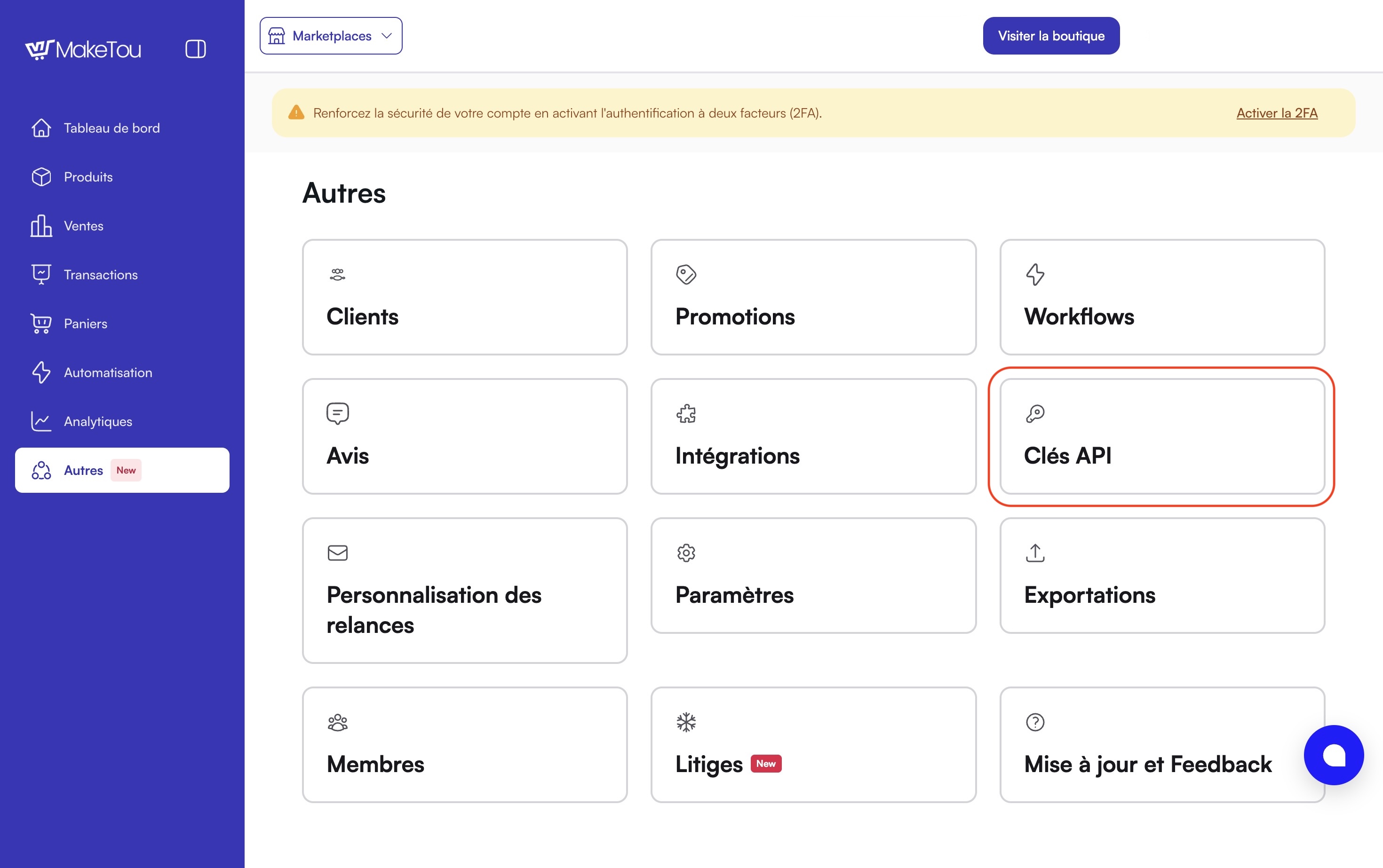 Page Autres de Maketou avec l'option Clés API