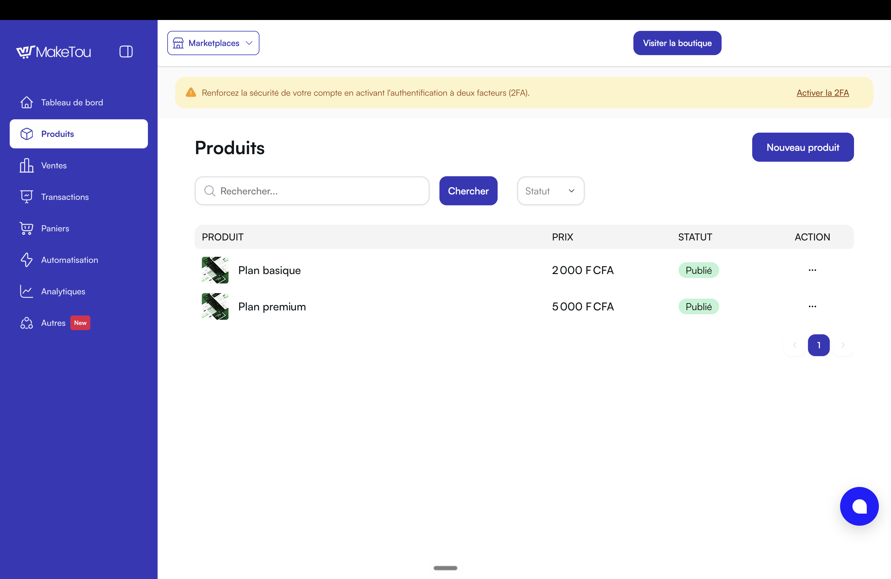 Liste des produits dans Maketou avec le bouton Nouveau produit