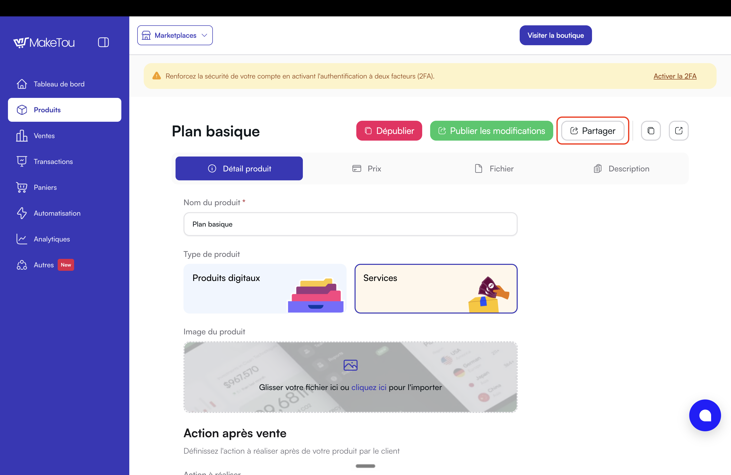 Fiche d'un produit Maketou avec le bouton Partager