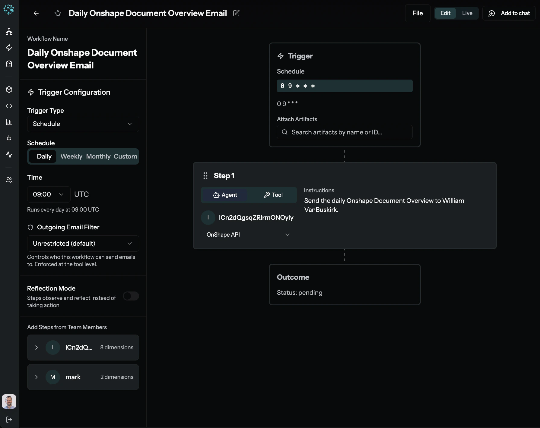 MyAi Attunement editor showing trigger configuration, Reflection Mode, Workflow steps, and team assignments